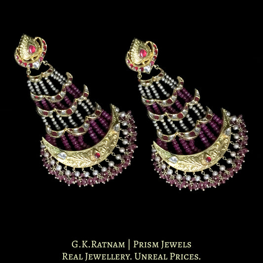 18k Gold and Diamond Polki Chandelier Earring Pair with Natural Rubies and Antiqued Freshwater Pearls