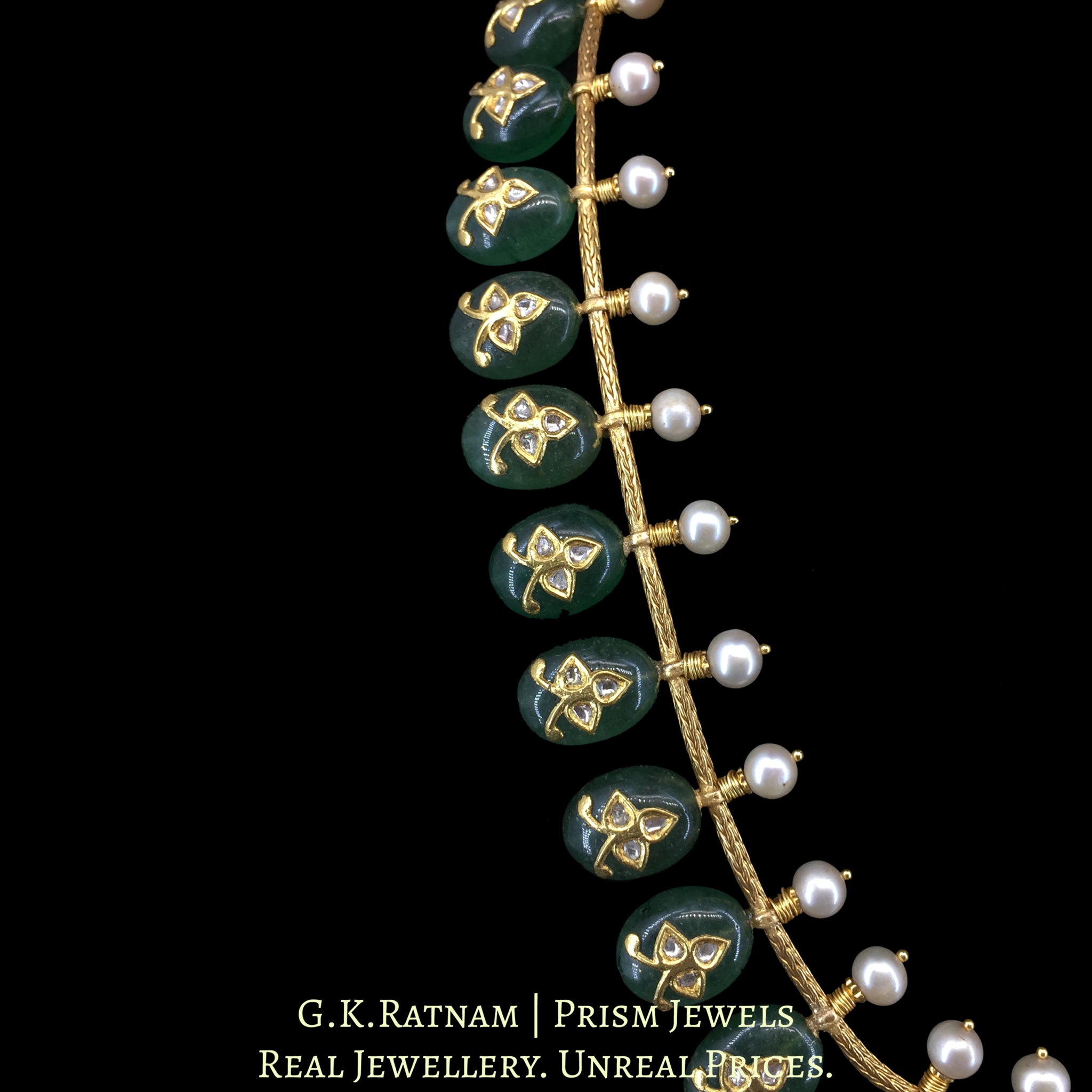 23k Gold and Diamond Polki Chain Necklace with polki-inlay on emerald-green Strawberry Quartz