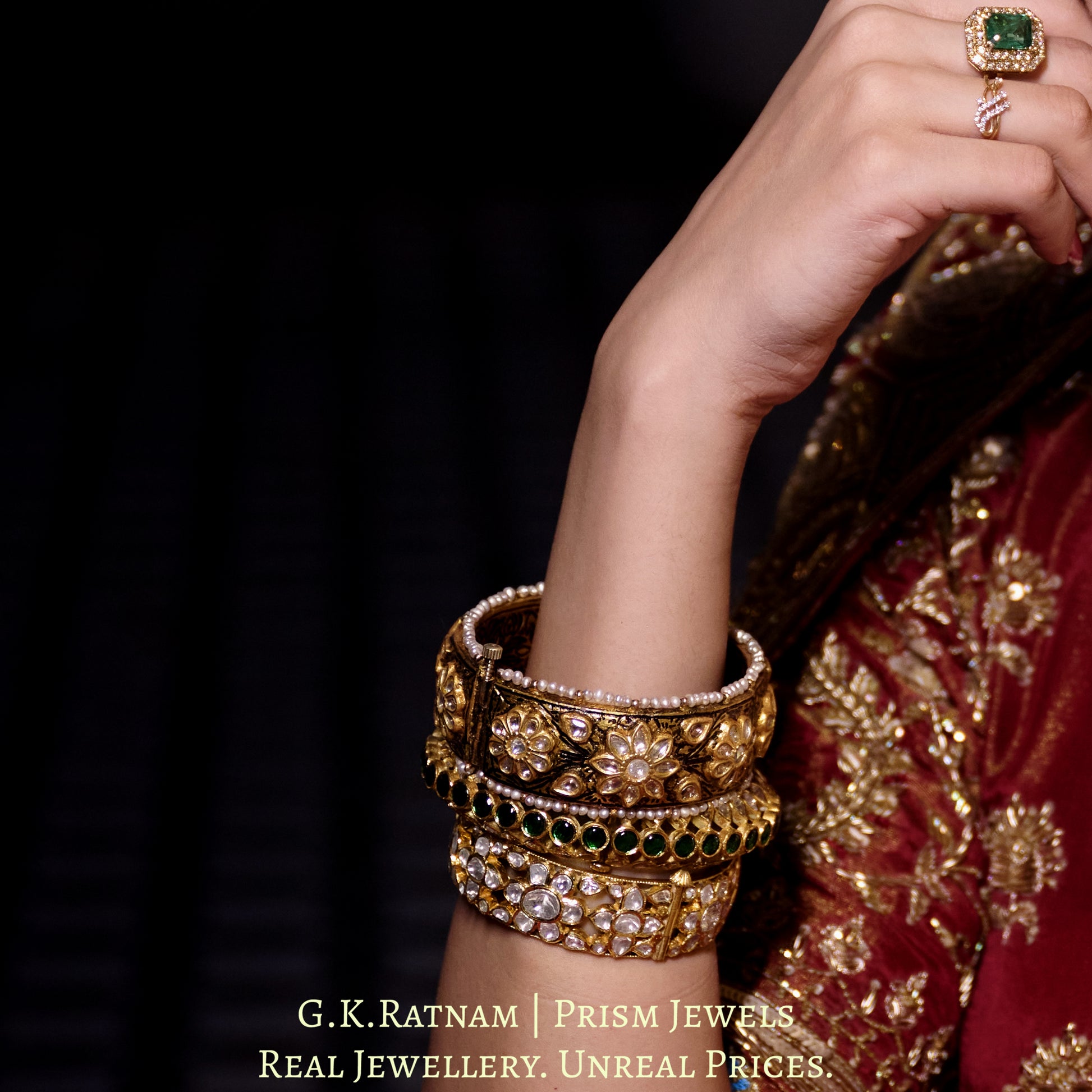 23k Gold and Diamond Polki antique-finish Bangle Pair - G. K. Ratnam