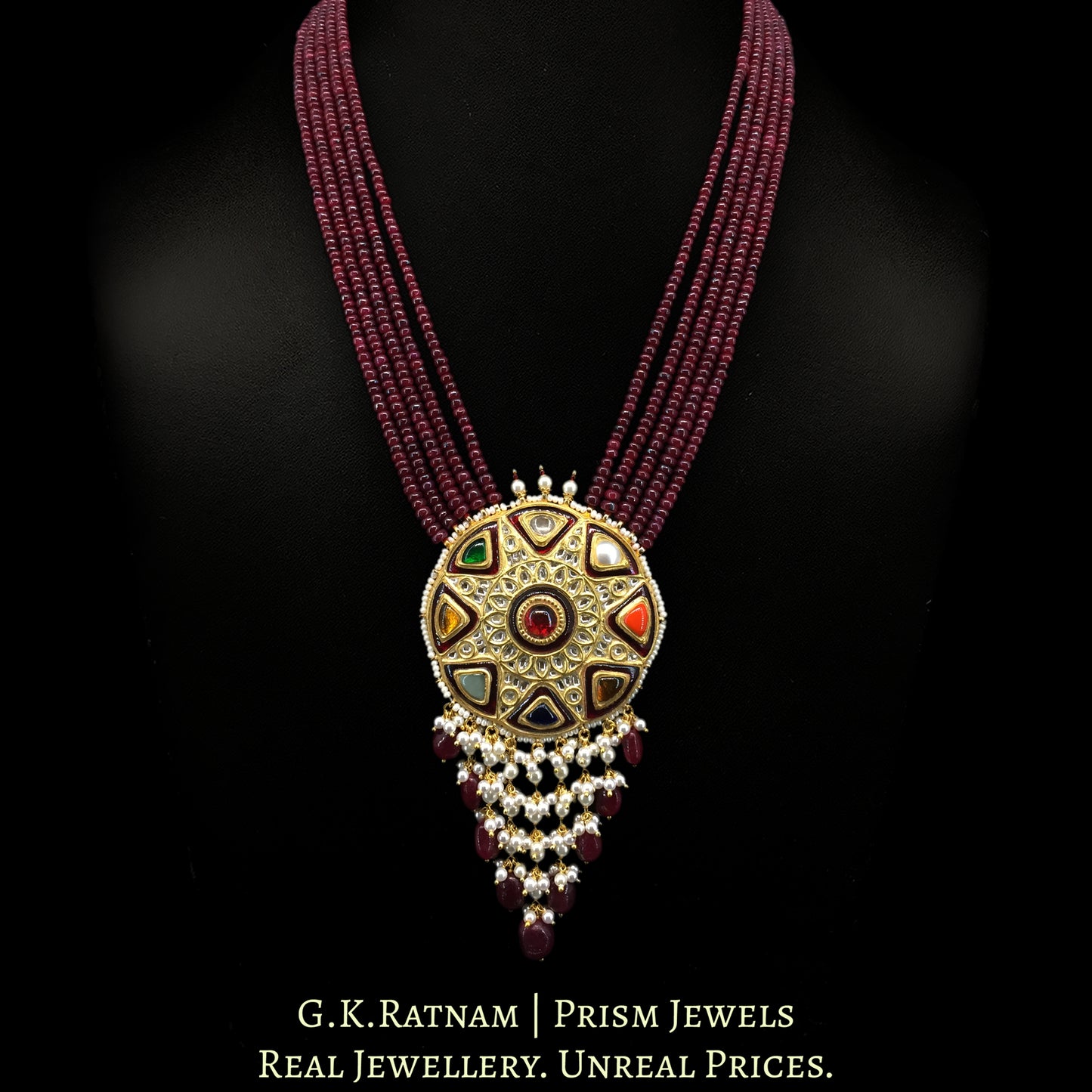 23k Gold and Diamond Polki Navratna Pendant Set with Rubies - G. K. Ratnam