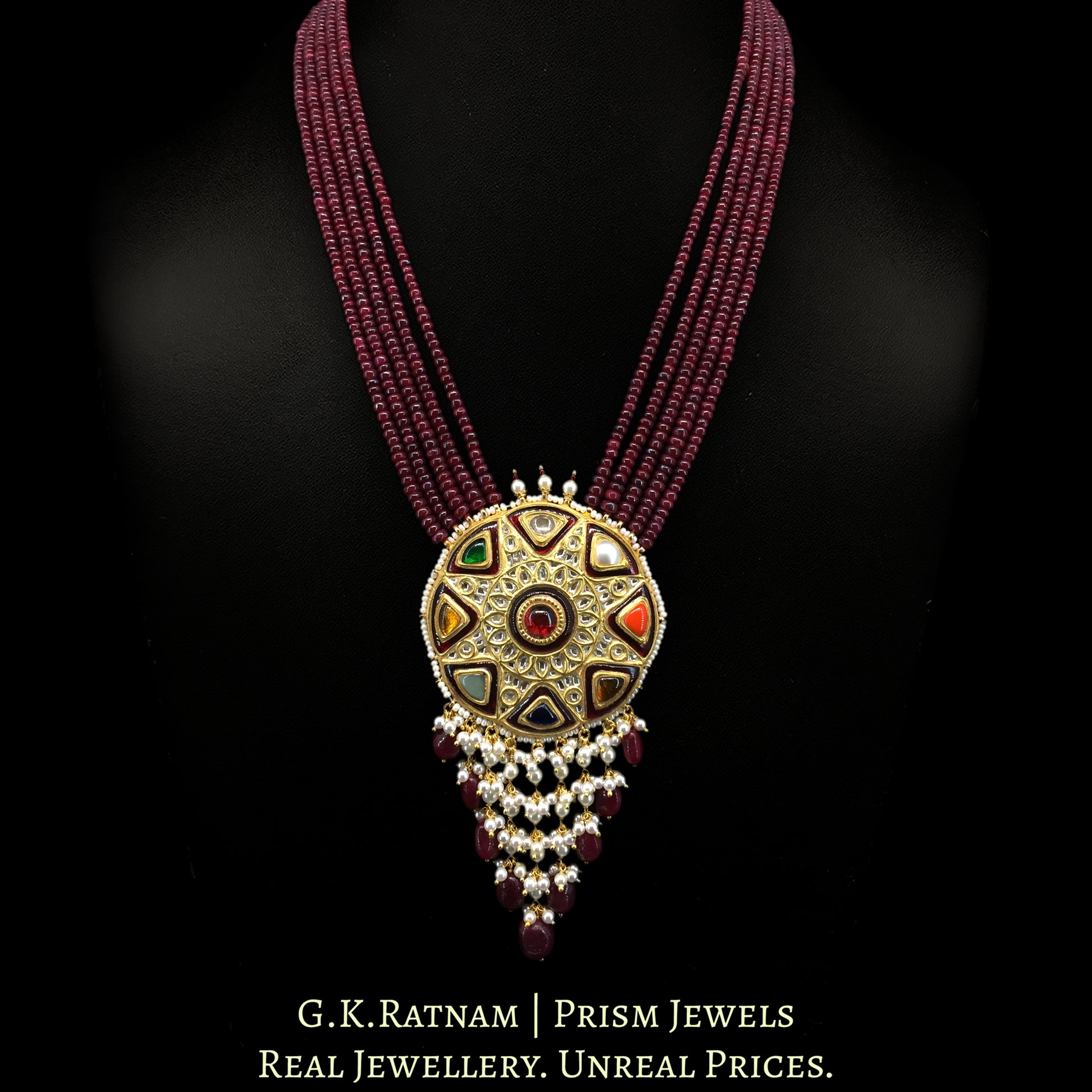 23k Gold and Diamond Polki Navratna Pendant Set with Rubies - G. K. Ratnam