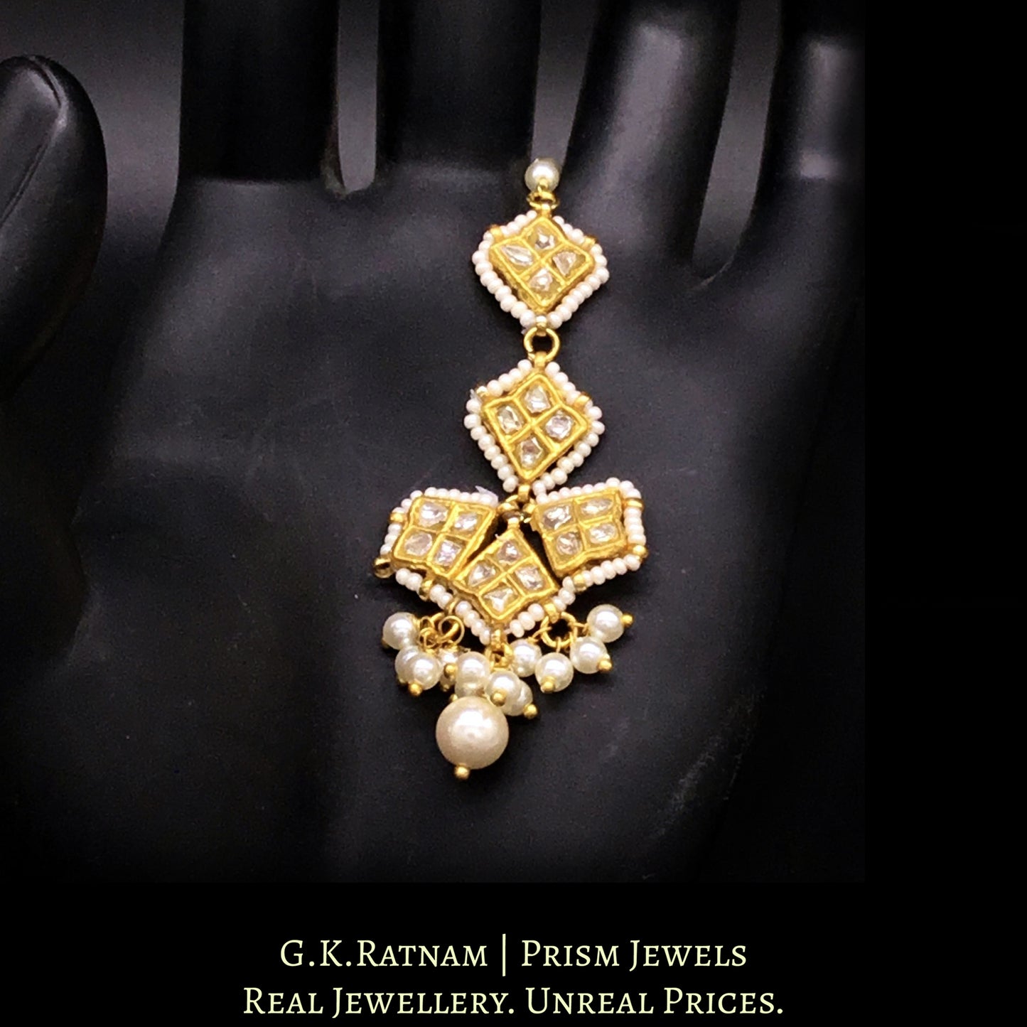 23k Gold and Diamond Polki Small Maang Tika With Pearl Bunches