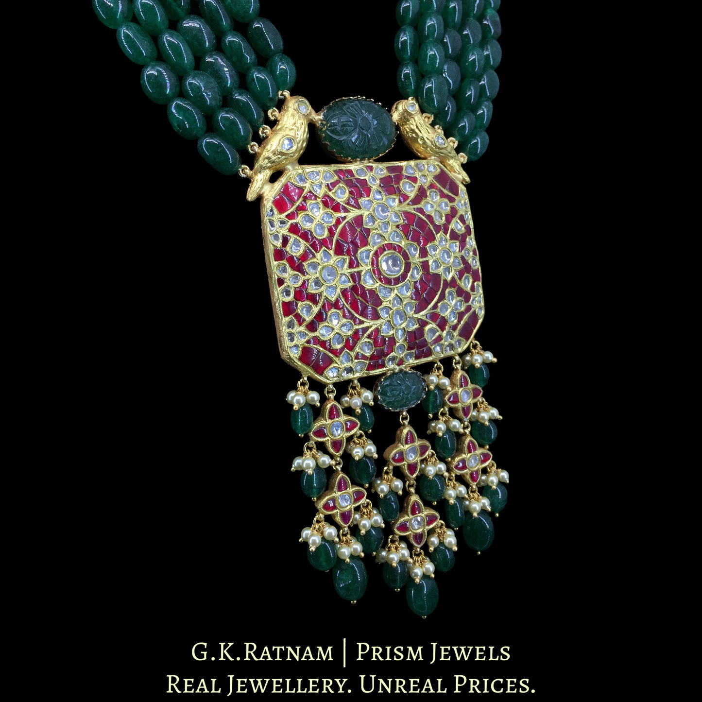 23k Gold and Diamond Polki Octagonal Pendant with Bird Motifs on top