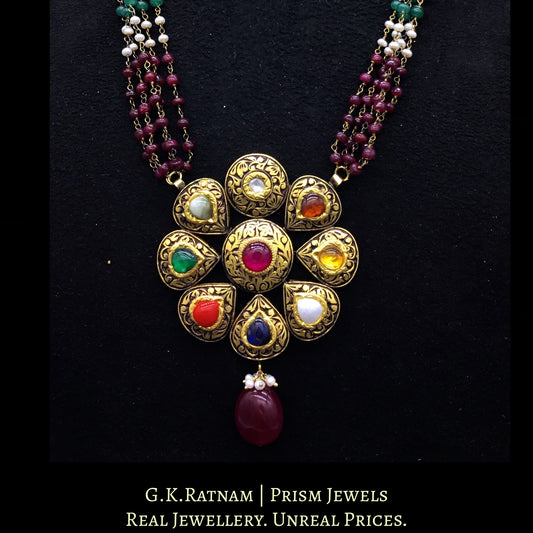 23k Gold and Diamond Polki Antique Navratna Pendant with Ruby, Green Beryl, Blue Sapphire and Pearl Chains - G. K. Ratnam