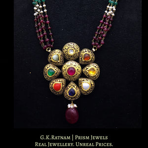 23k Gold and Diamond Polki Antique Navratna Pendant with Ruby, Green Beryl, Blue Sapphire and Pearl Chains
