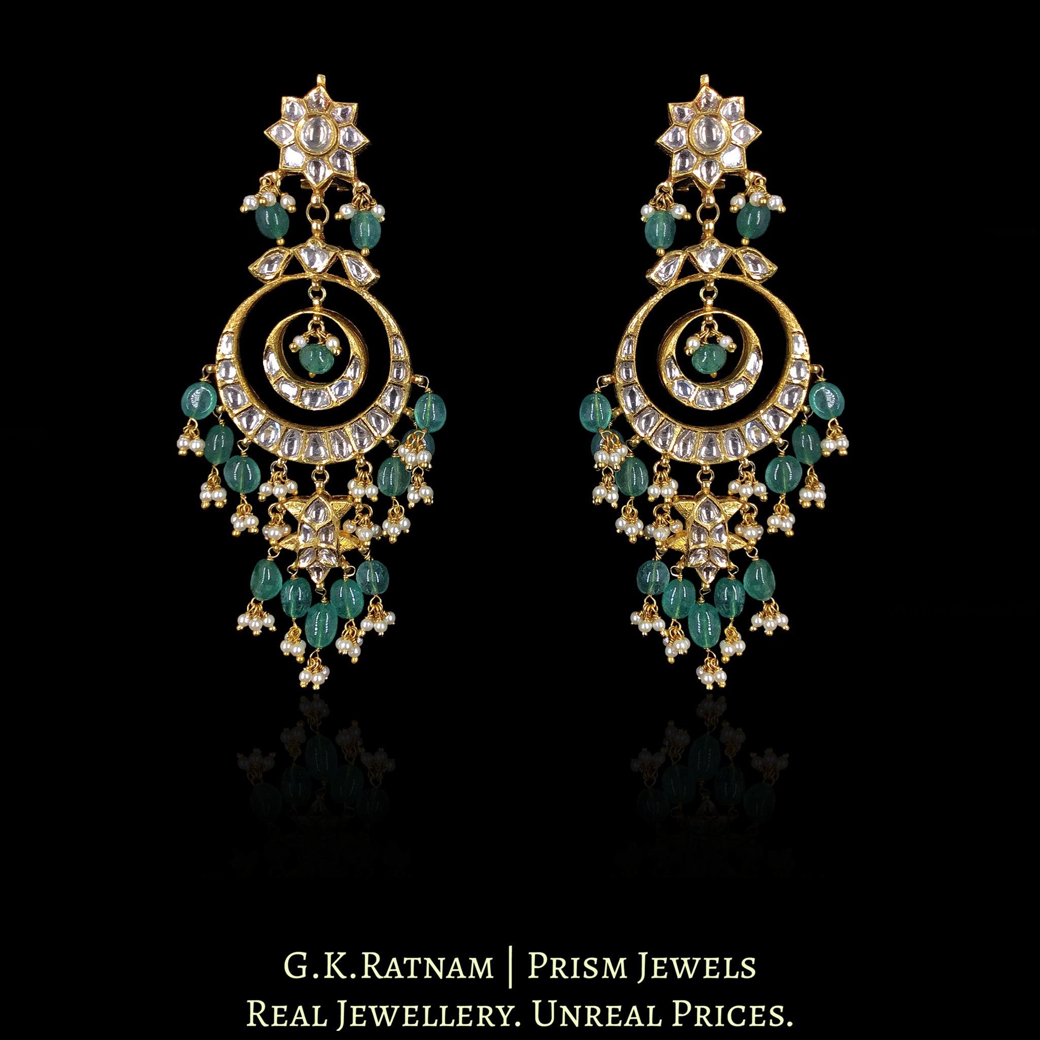 18k Gold and Diamond Polki Chand Bali Earring with Fish Hangings