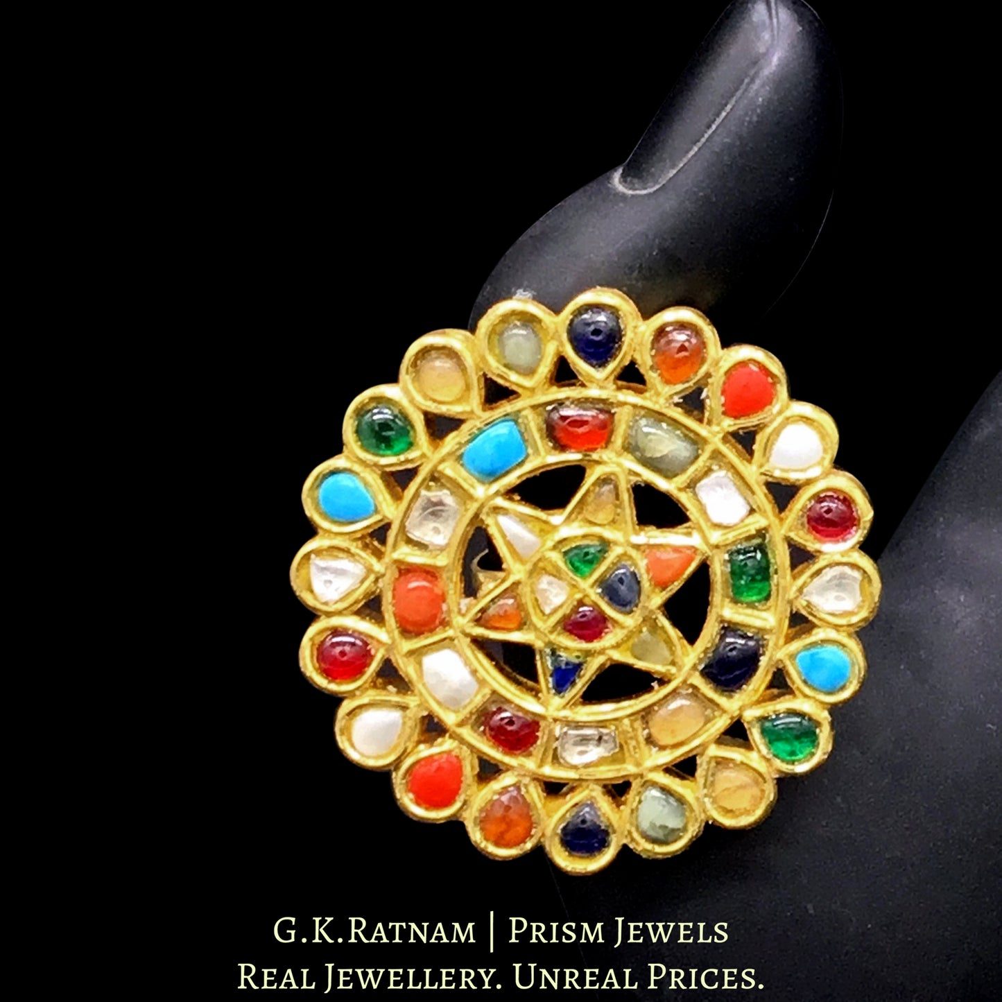 22k Gold and Diamond Polki Navratna Cocktail Ring - G. K. Ratnam