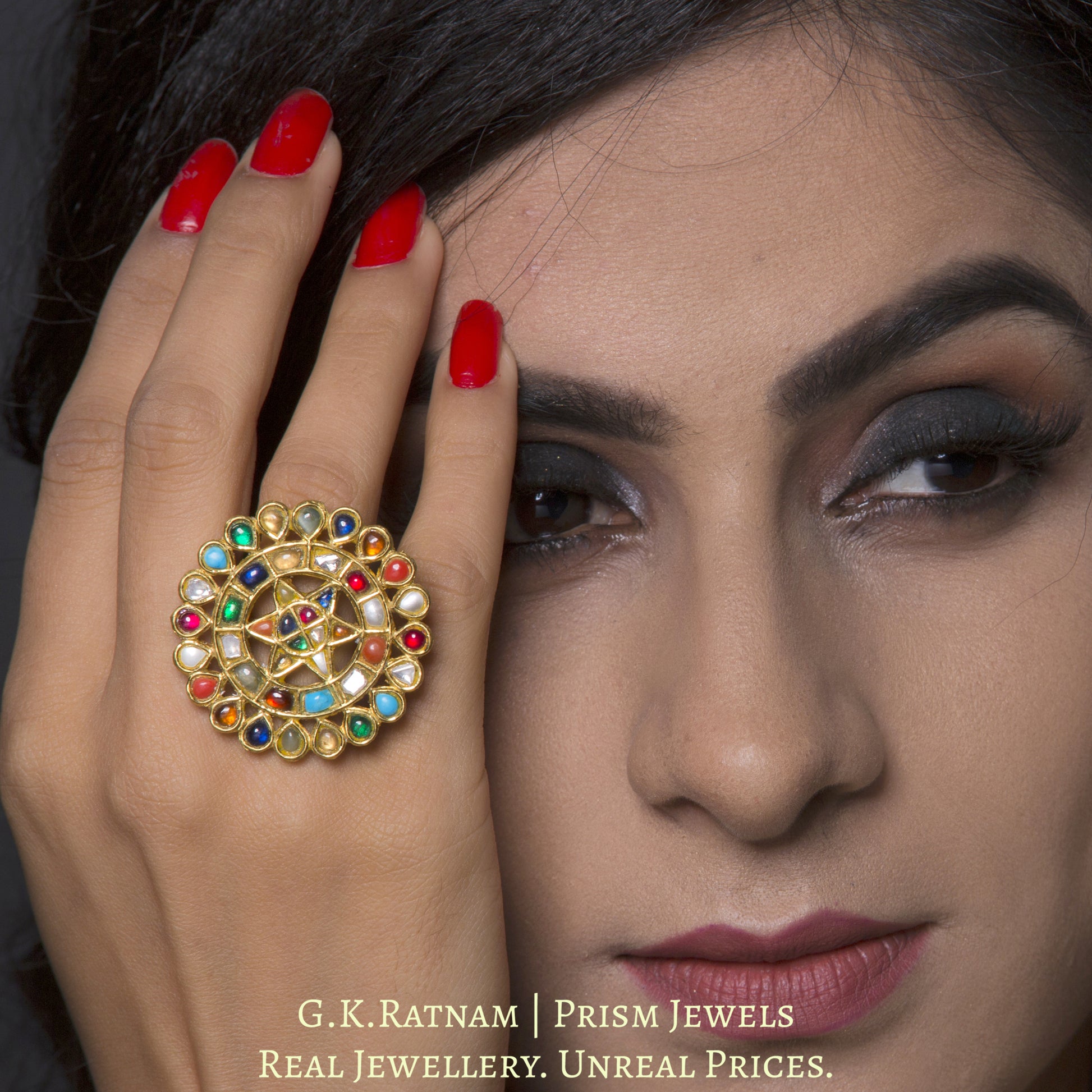 22k Gold and Diamond Polki Navratna Cocktail Ring - G. K. Ratnam