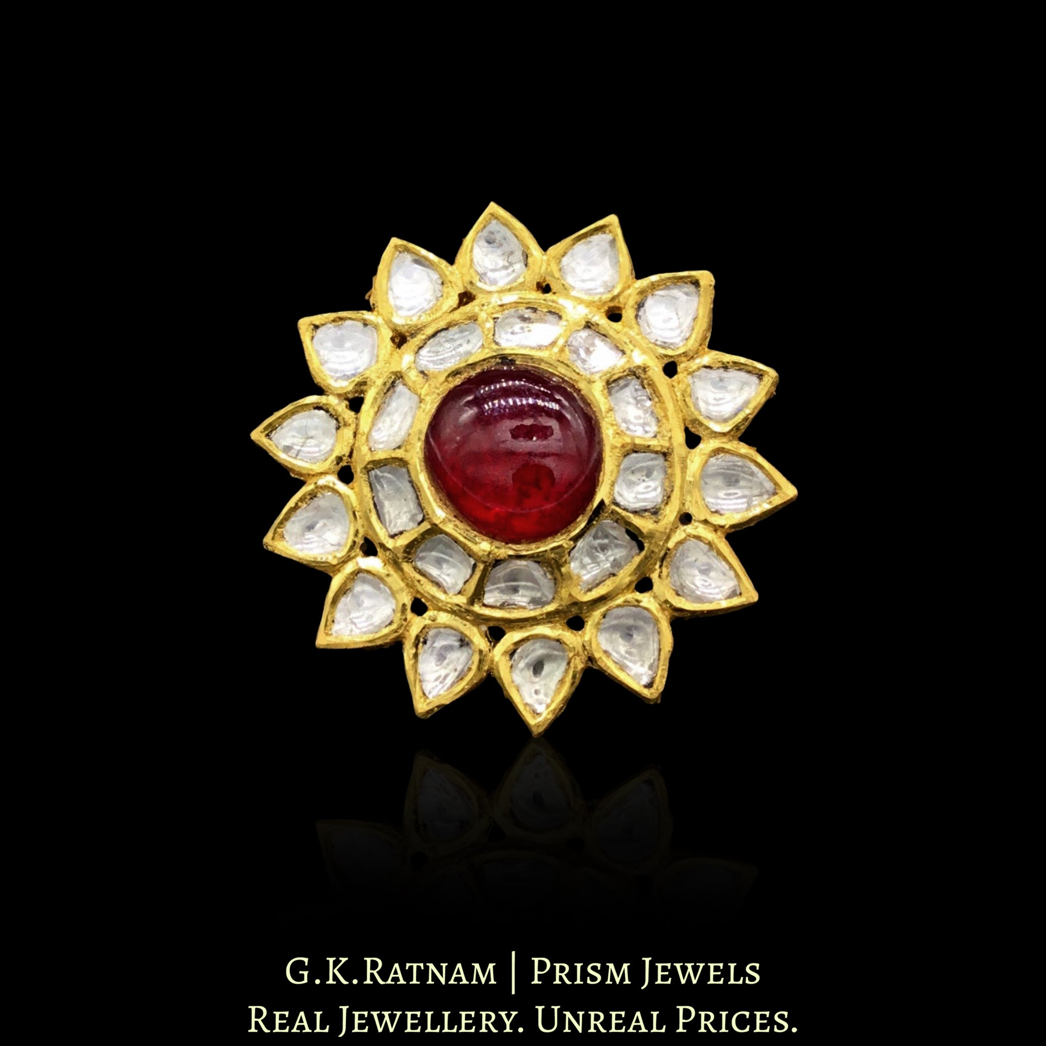 18k Gold and Diamond Polki star-shaped Cocktail Ring with ruby-red center