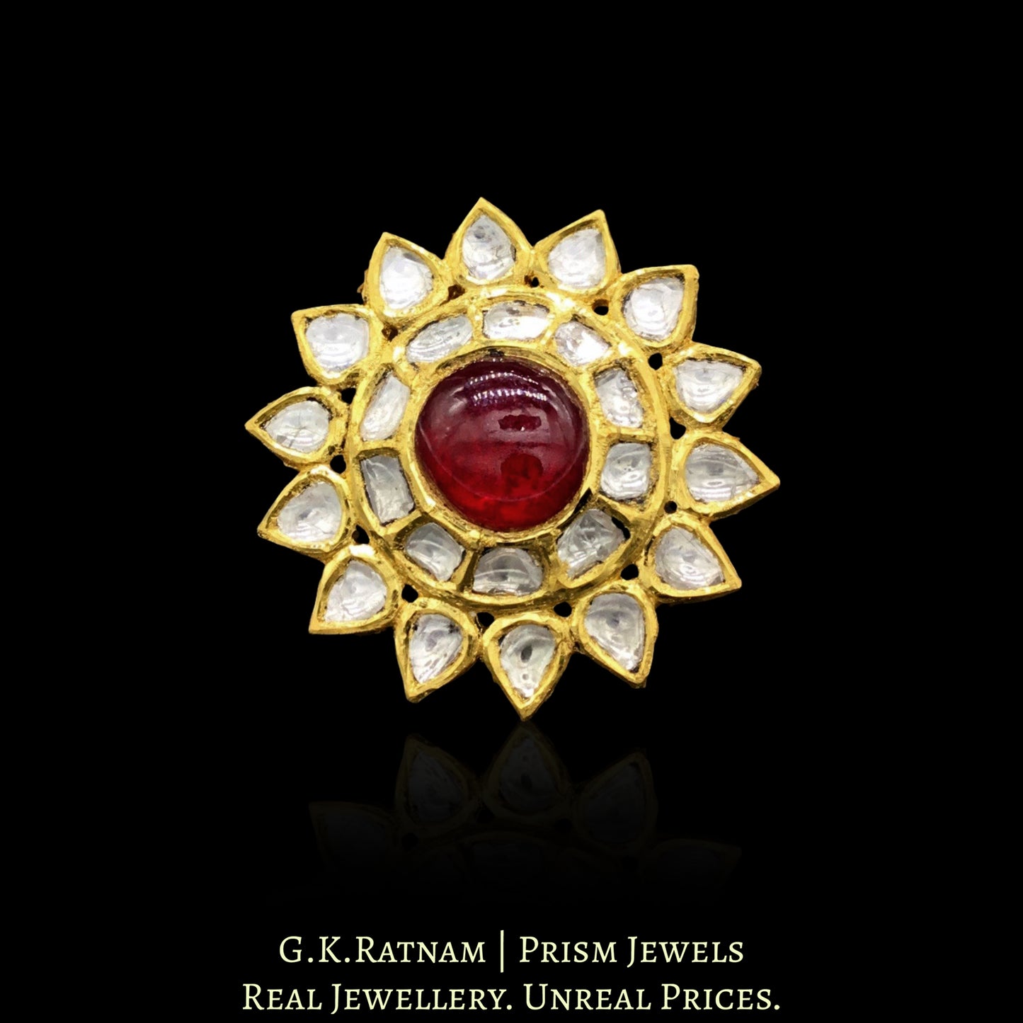 18k Gold and Diamond Polki star-shaped Cocktail Ring with ruby-red center - G. K. Ratnam