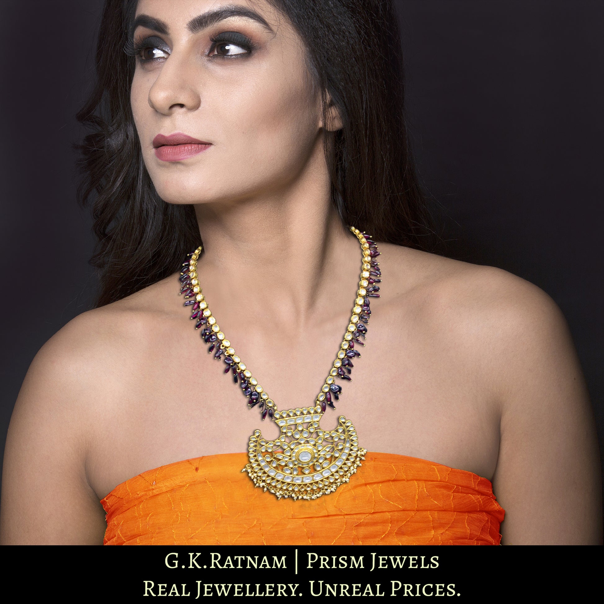 18k Gold and Diamond Polki Pankhi (fan) Pendant Set with Natural Mozambique Garnets - G. K. Ratnam
