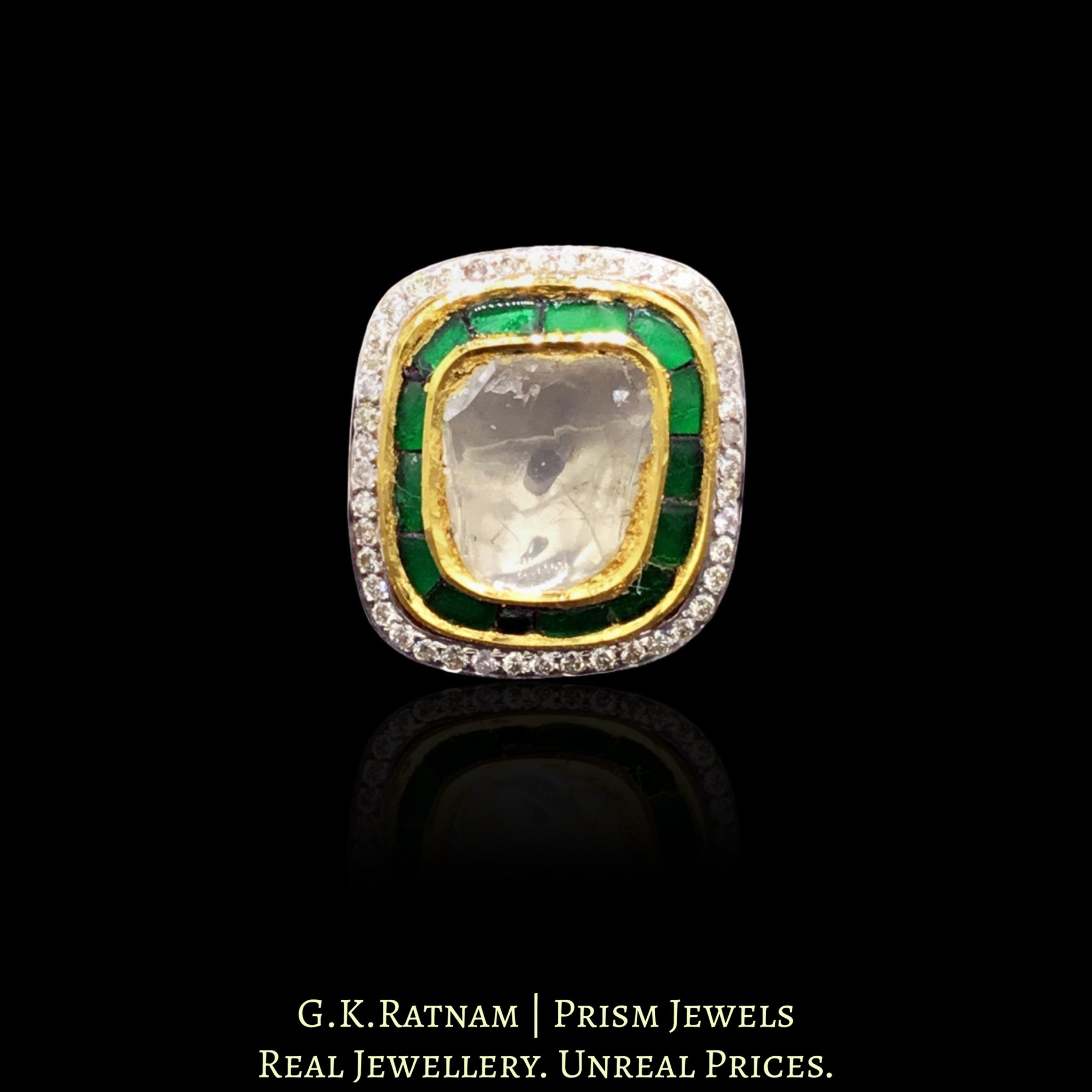 18k Gold and Diamond Polki Fusion Ring with Emerald-Green Outline & Diamond Border