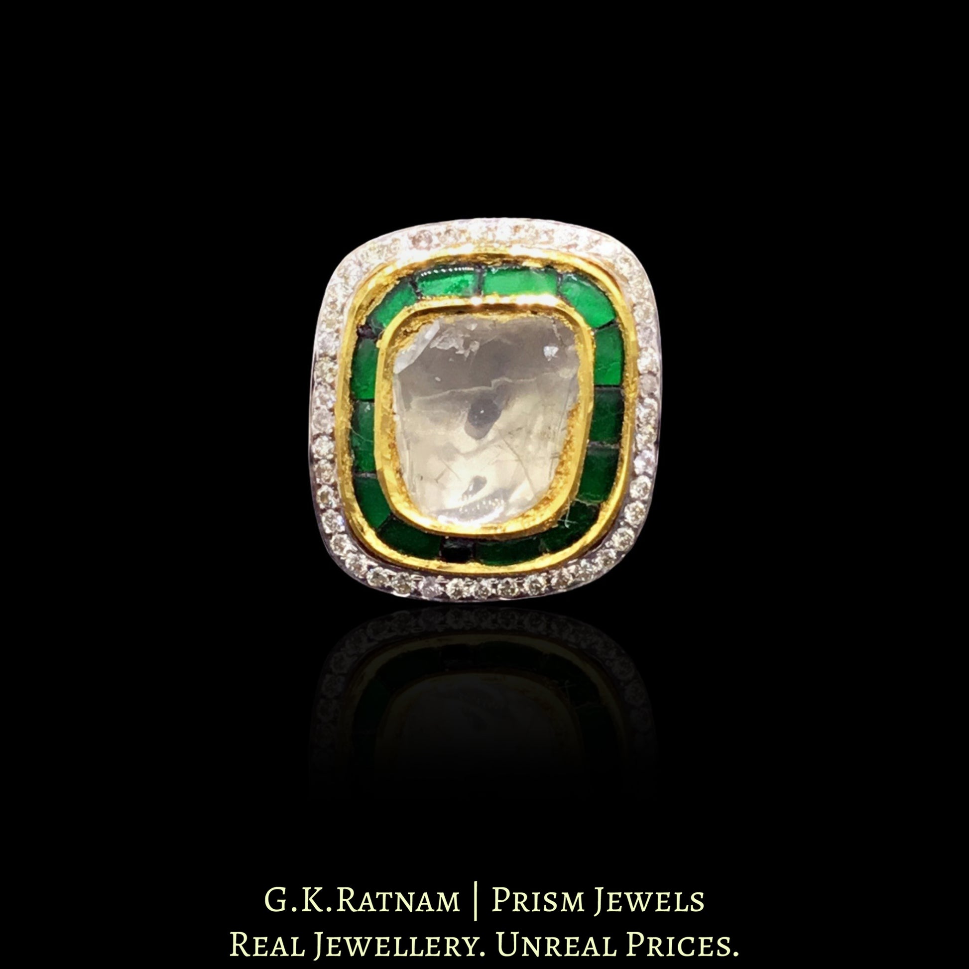 18k Gold and Diamond Polki Fusion Ring with Emerald-Green Outline & Diamond Border - G. K. Ratnam