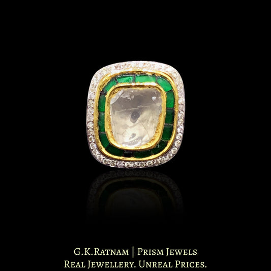 18k Gold and Diamond Polki Fusion Ring with Emerald-Green Outline & Diamond Border - G. K. Ratnam