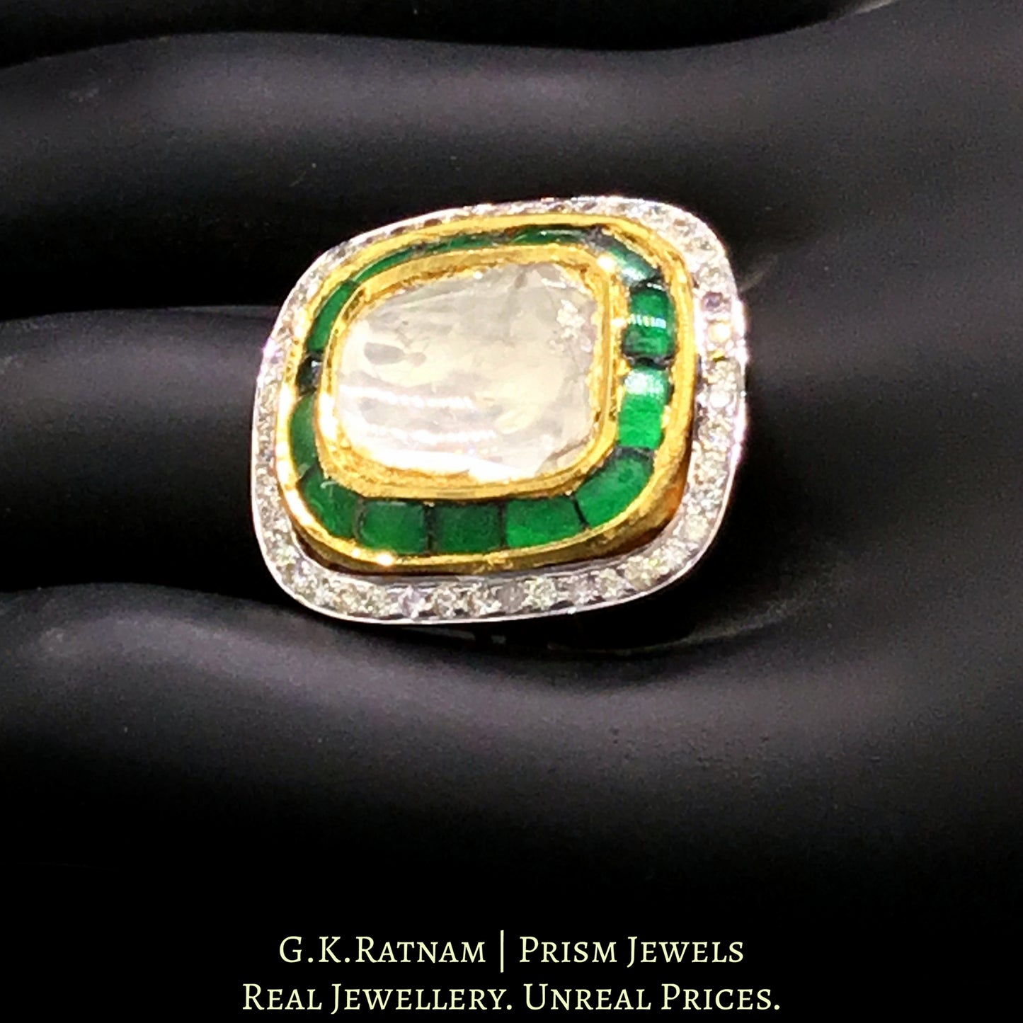 18k Gold and Diamond Polki Fusion Ring with Emerald-Green Outline & Diamond Border - G. K. Ratnam