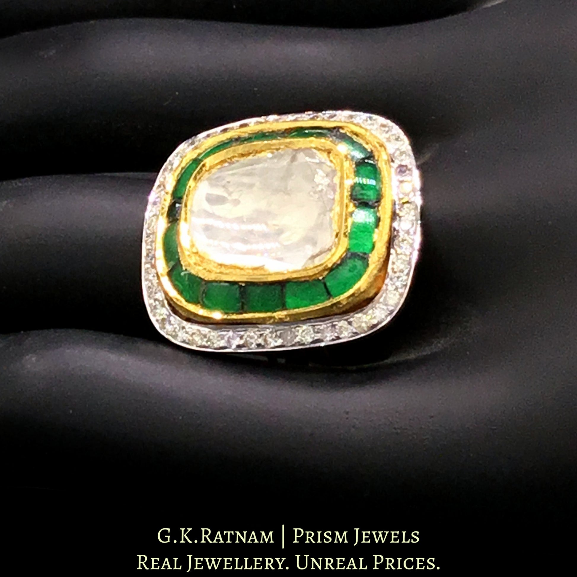 18k Gold and Diamond Polki Fusion Ring with Emerald-Green Outline & Diamond Border - G. K. Ratnam