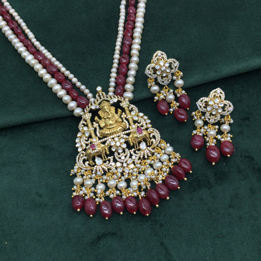 925 Silver Lord Ganesha Pendant Set enhanced with Rubies and Antiqued Freshwater Pearls
