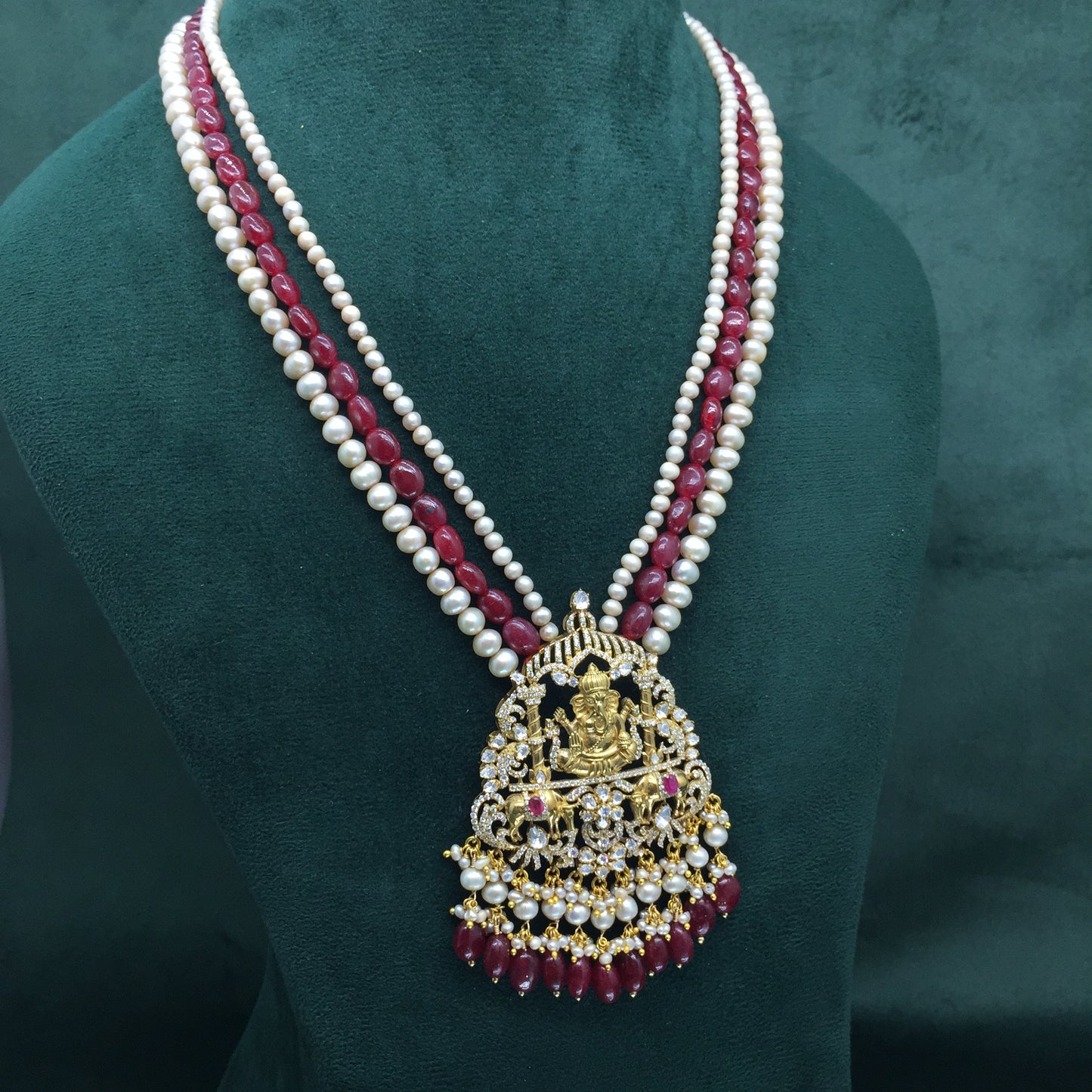 925 Silver Lord Ganesha Pendant Set enhanced with Rubies and Antiqued Freshwater Pearls