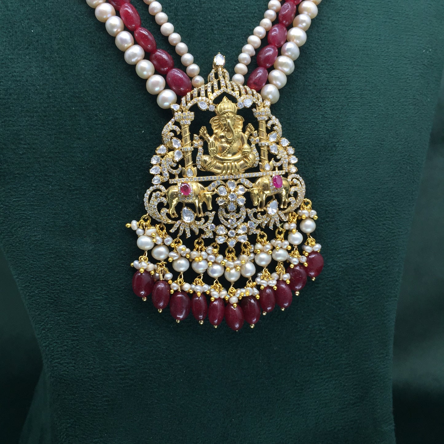 925 Silver Lord Ganesha Pendant Set enhanced with Rubies and Antiqued Freshwater Pearls