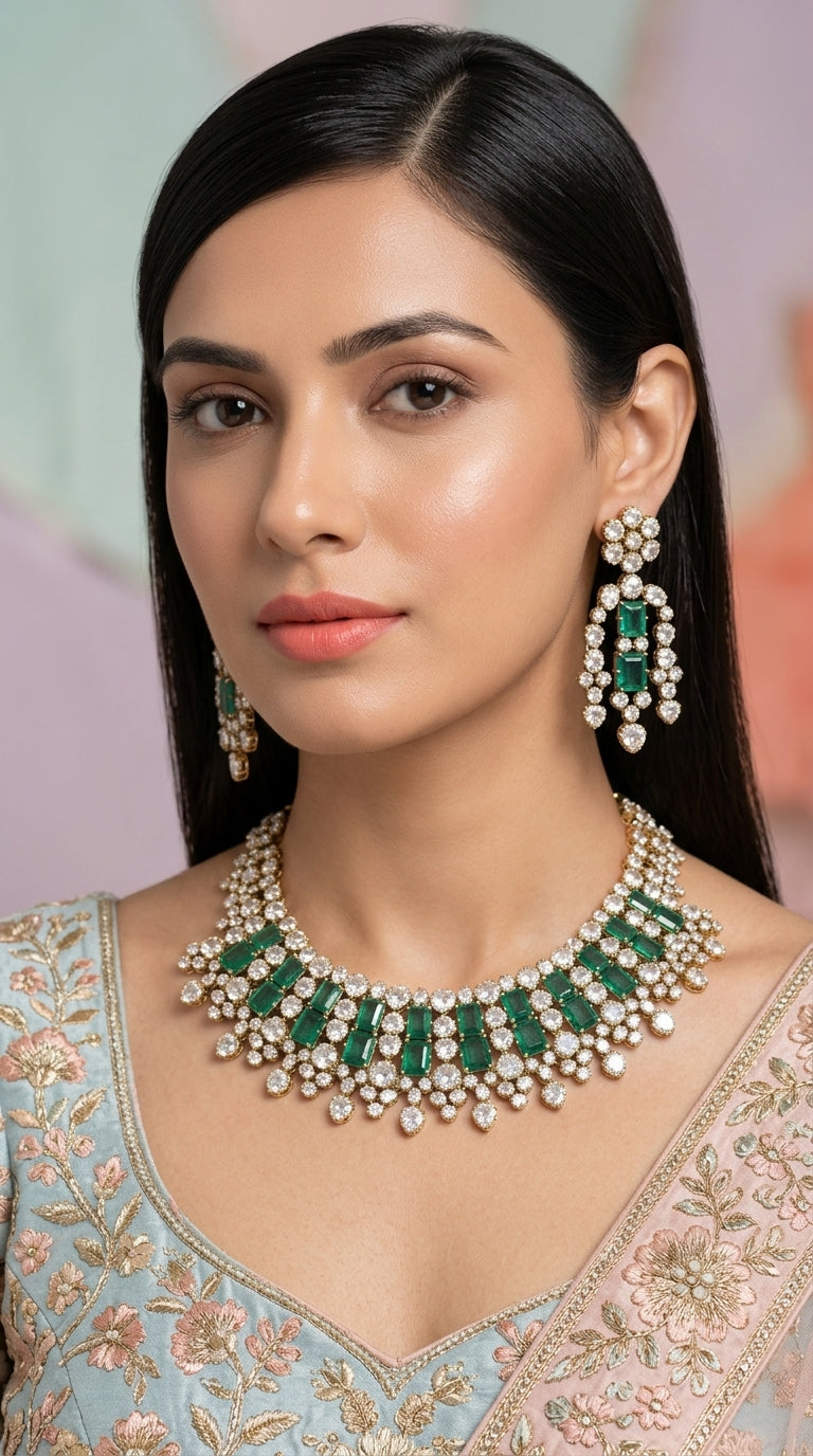 925 Silver Necklace Set with Lab Grown Emeralds