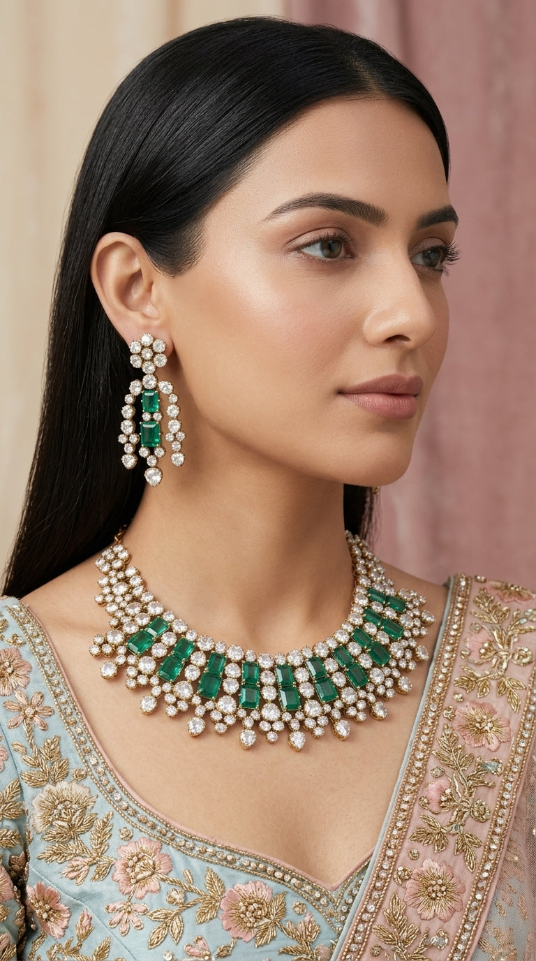 925 Silver Necklace Set with Lab Grown Emeralds