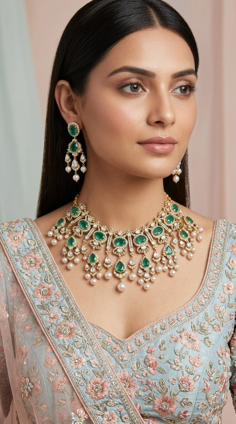 925 Silver Necklace Set with Lab Grown Emeralds and Antiqued Freshwater Pearls