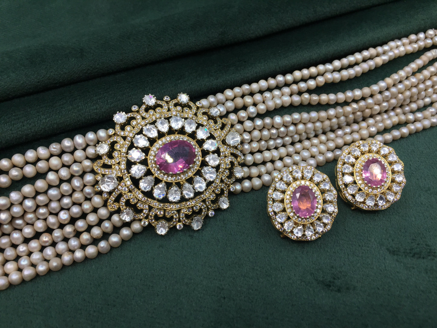 925 Silver Choker Necklace Set with Lab Grown Pink Tourmalines