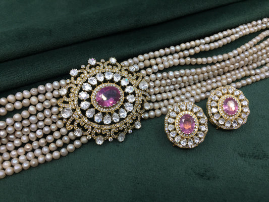 925 Silver Choker Necklace Set with Lab Grown Pink Tourmalines - G. K. Ratnam