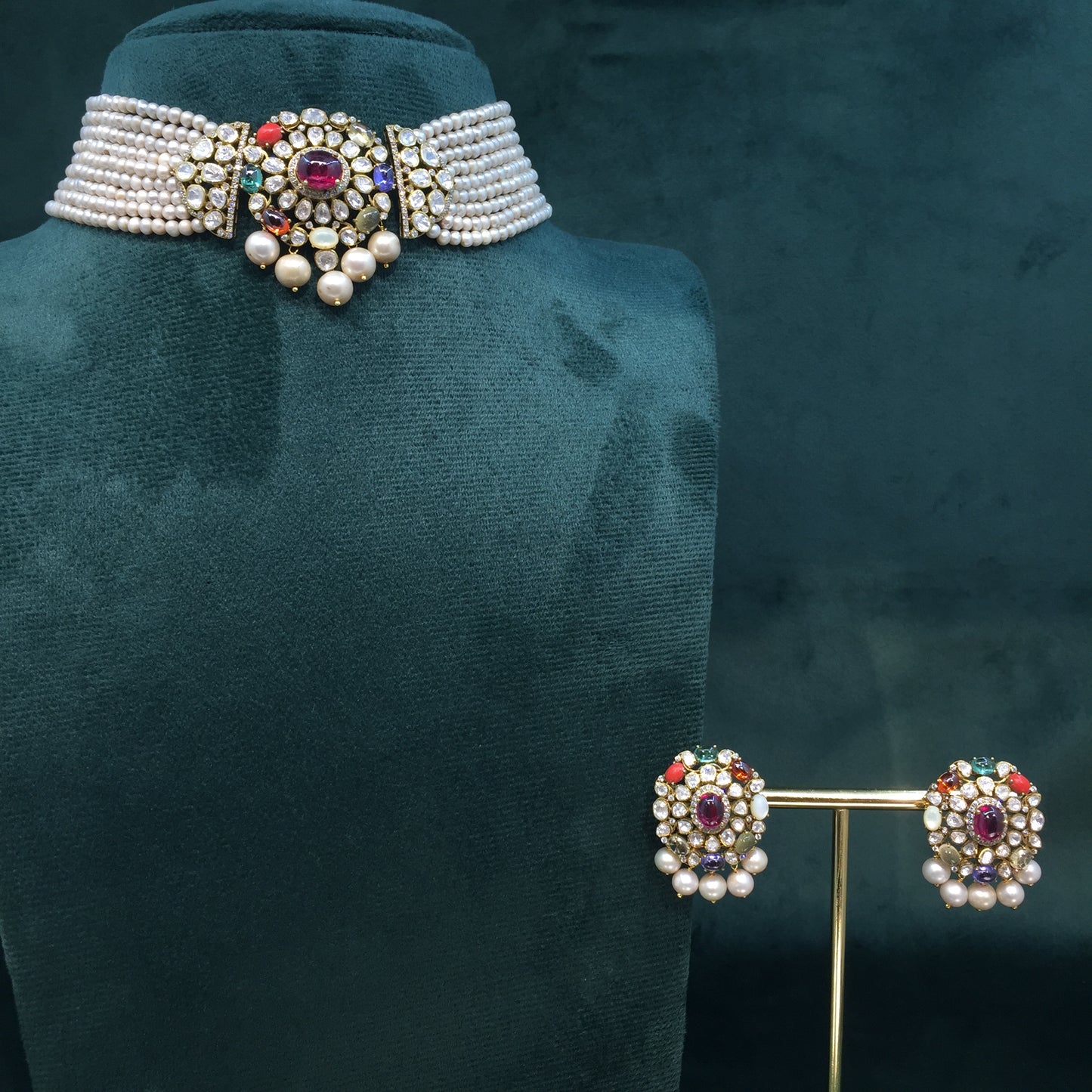 925 Silver Navratna Choker Necklace Set with Antiqued Freshwater Pearls