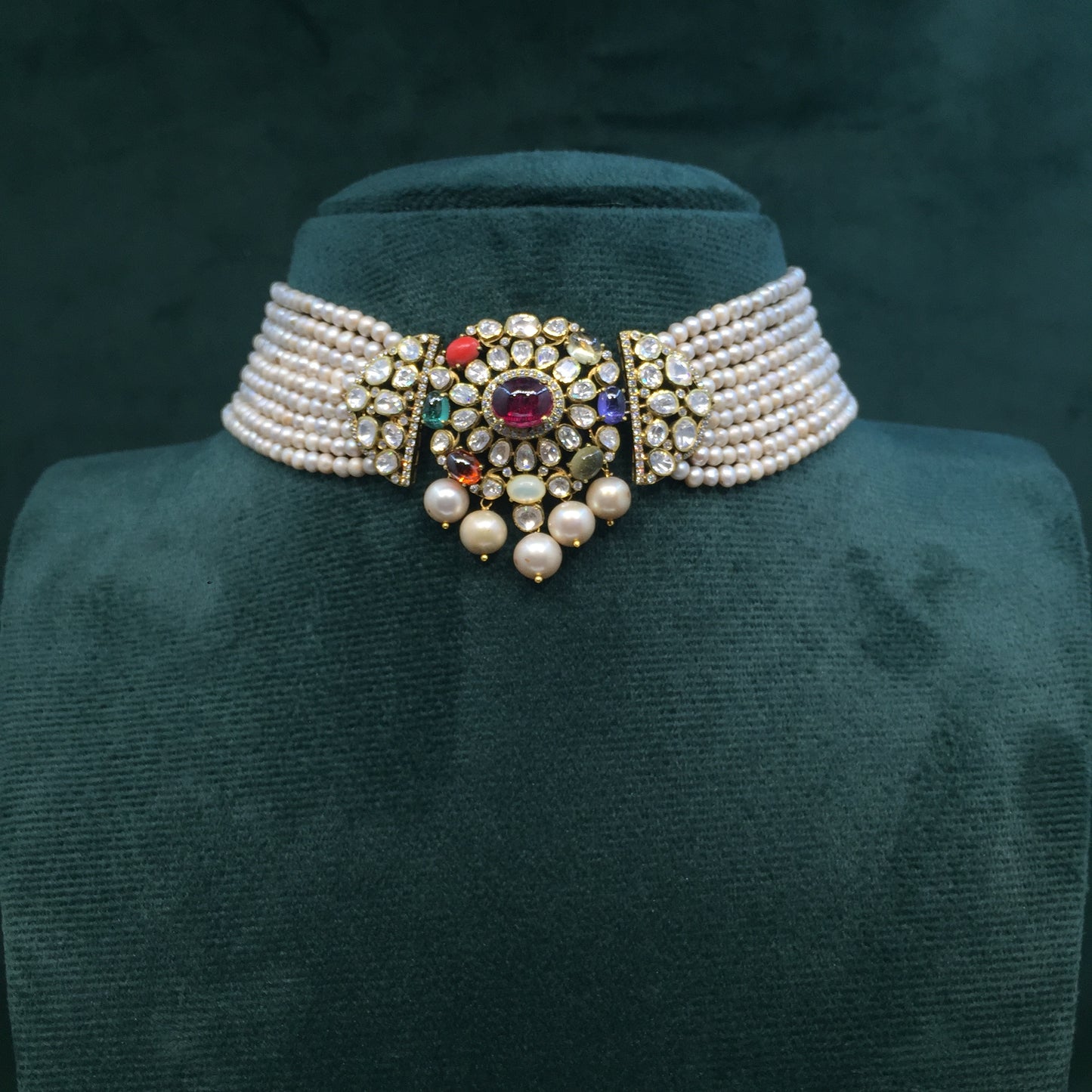 925 Silver Navratna Choker Necklace Set with Antiqued Freshwater Pearls
