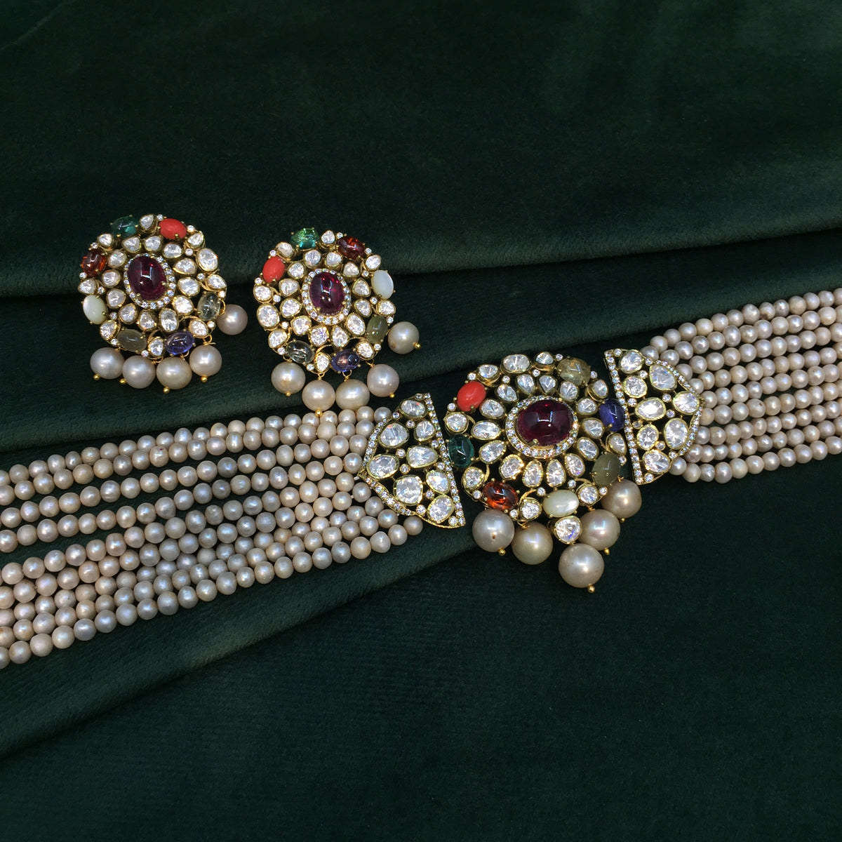 925 Silver Navratna Choker Necklace Set with Antiqued Freshwater Pearls - G. K. Ratnam