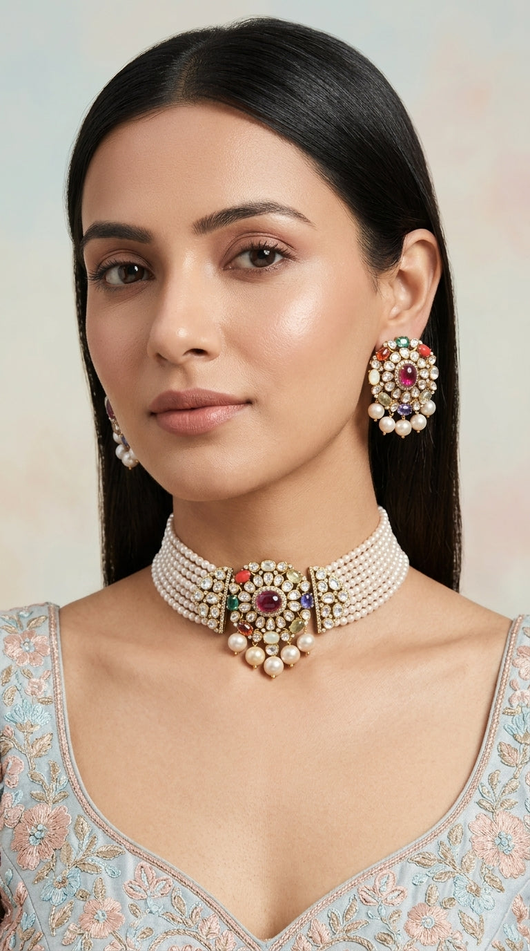 925 Silver Navratna Choker Necklace Set with Antiqued Freshwater Pearls