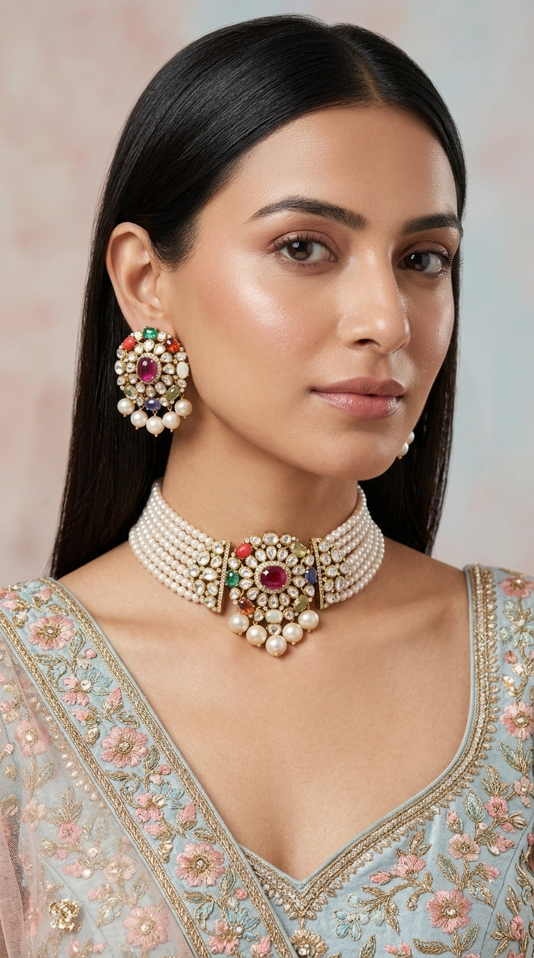 925 Silver Navratna Choker Necklace Set with Antiqued Freshwater Pearls