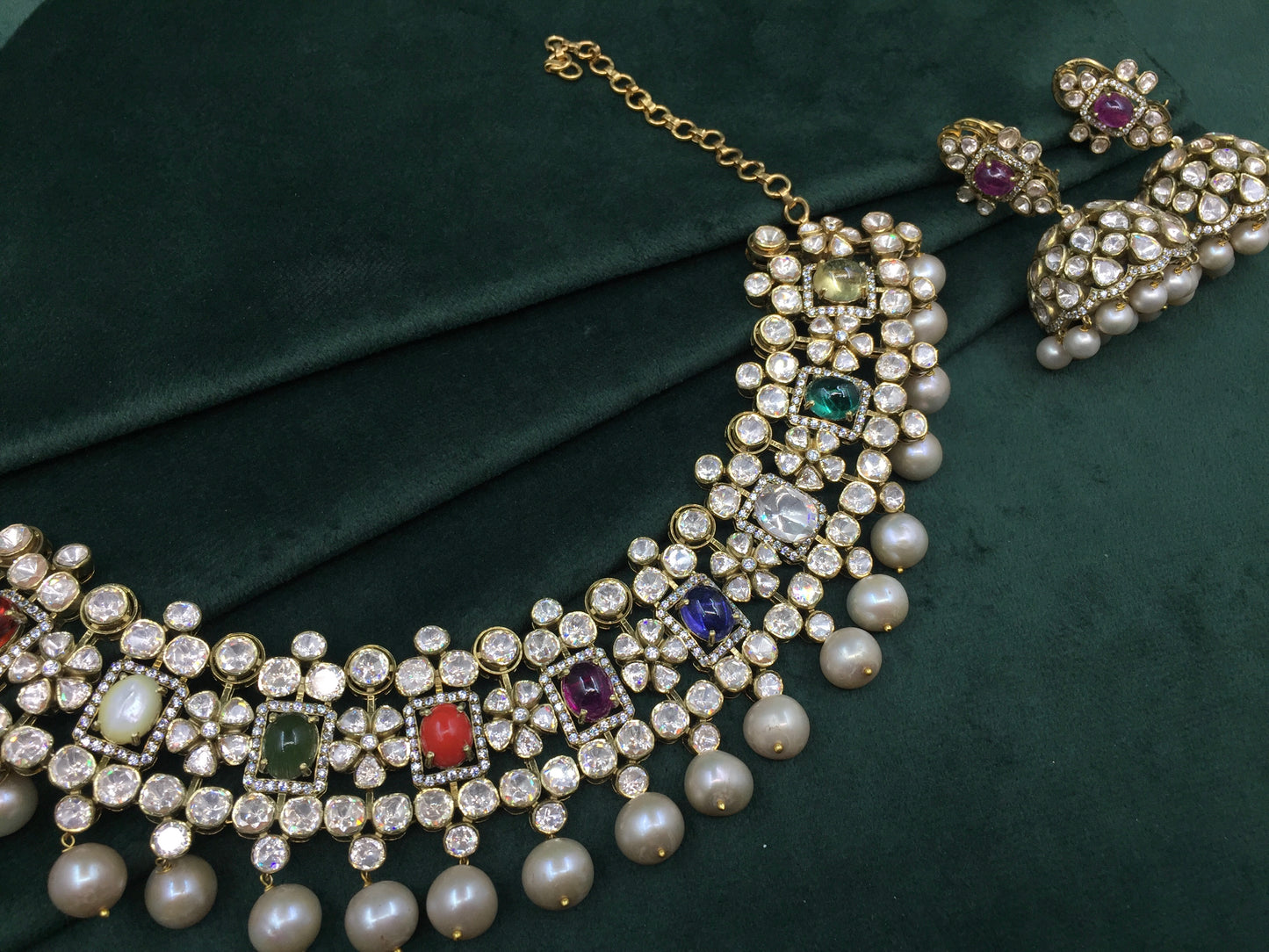 925 Silver Navratna Necklace Set with Antiqued Hyderabadi Pearls