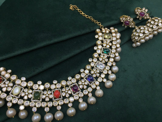 925 Silver Navratna Necklace Set with Antiqued Hyderabadi Pearls - G. K. Ratnam