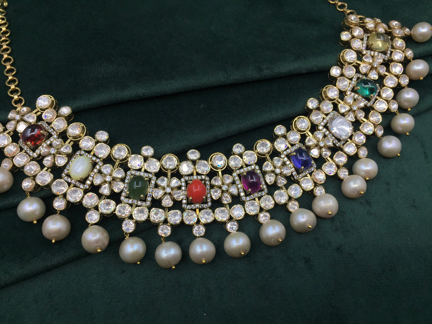 925 Silver Navratna Necklace Set with Antiqued Hyderabadi Pearls