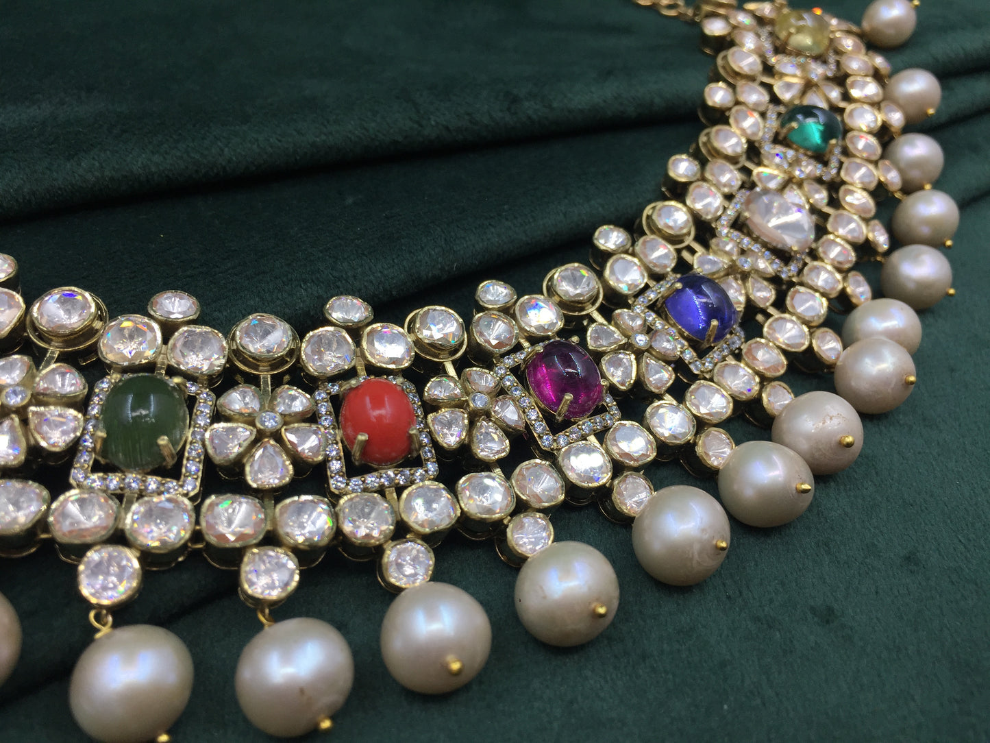 925 Silver Navratna Necklace Set with Antiqued Hyderabadi Pearls