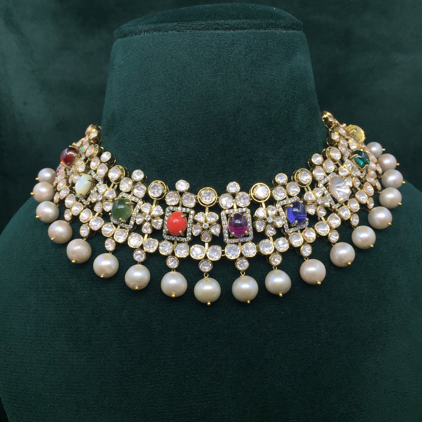 925 Silver Navratna Necklace Set with Antiqued Hyderabadi Pearls