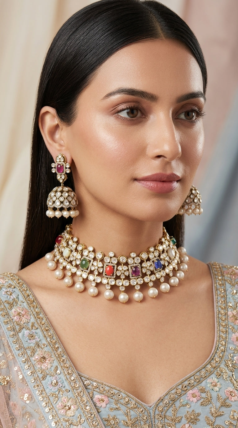925 Silver Navratna Necklace Set with Antiqued Hyderabadi Pearls