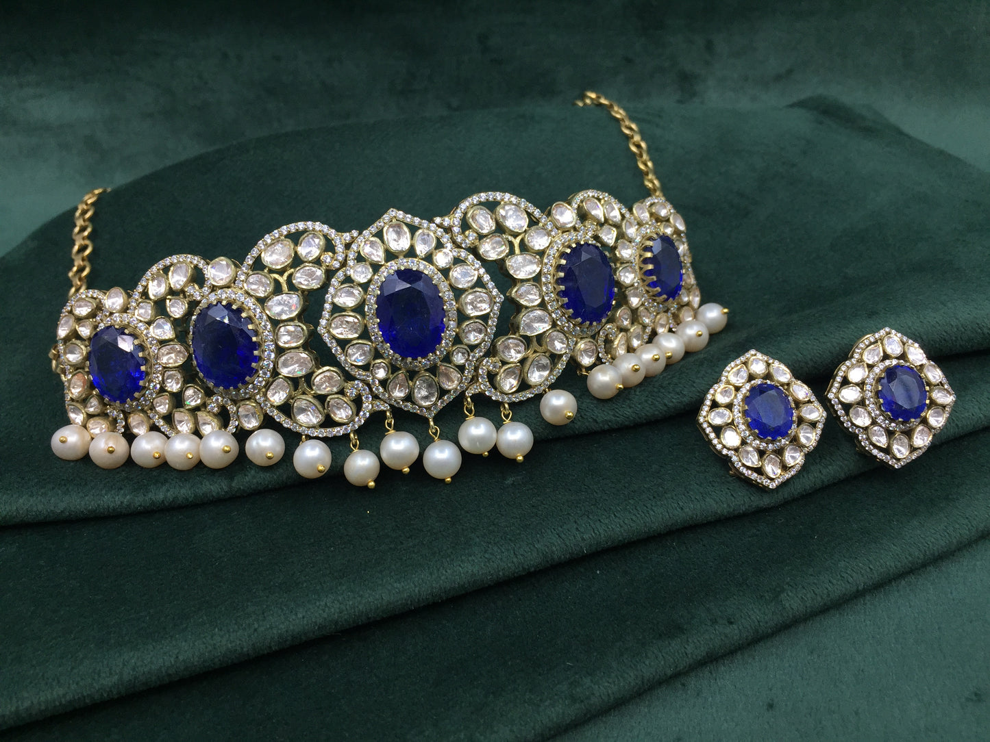 925 Silver Choker Necklace Set with Lab Grown Blue Sapphires