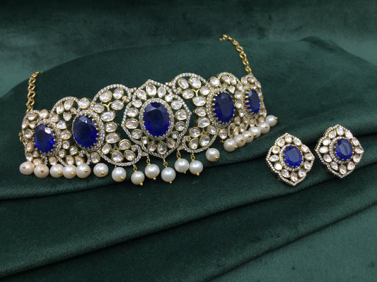 925 Silver Choker Necklace Set with Lab Grown Blue Sapphires