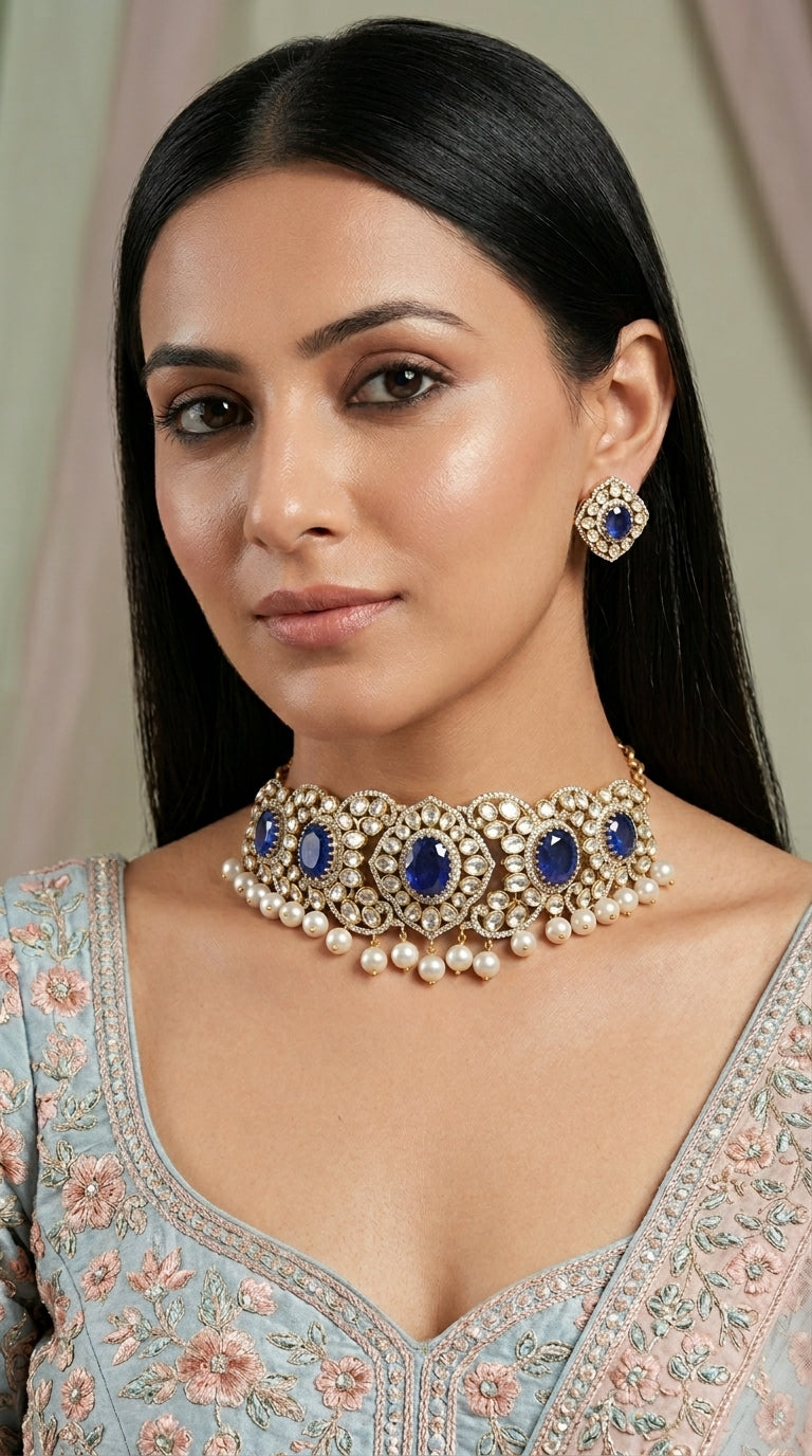 925 Silver Choker Necklace Set with Lab Grown Blue Sapphires