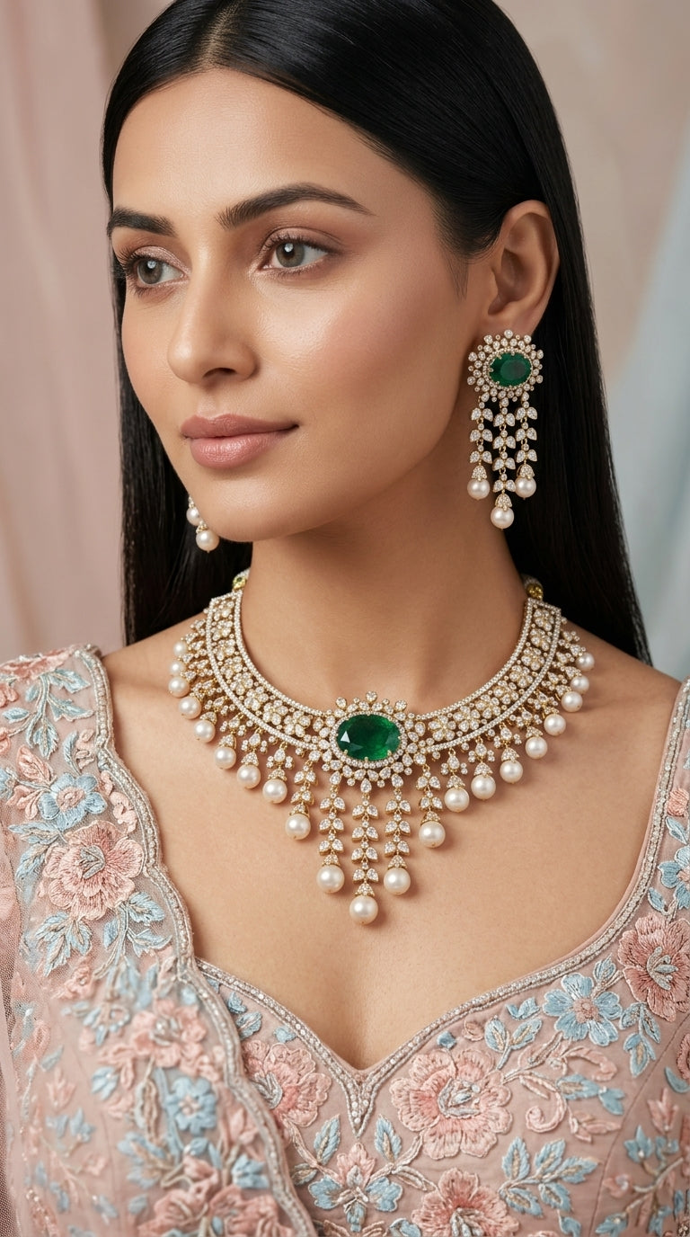 925 Silver Necklace Set with Lab Grown Emeralds