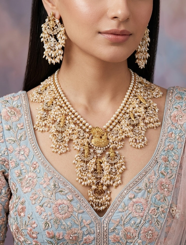 925 Silver temple-style Guttapusalu Necklace Set