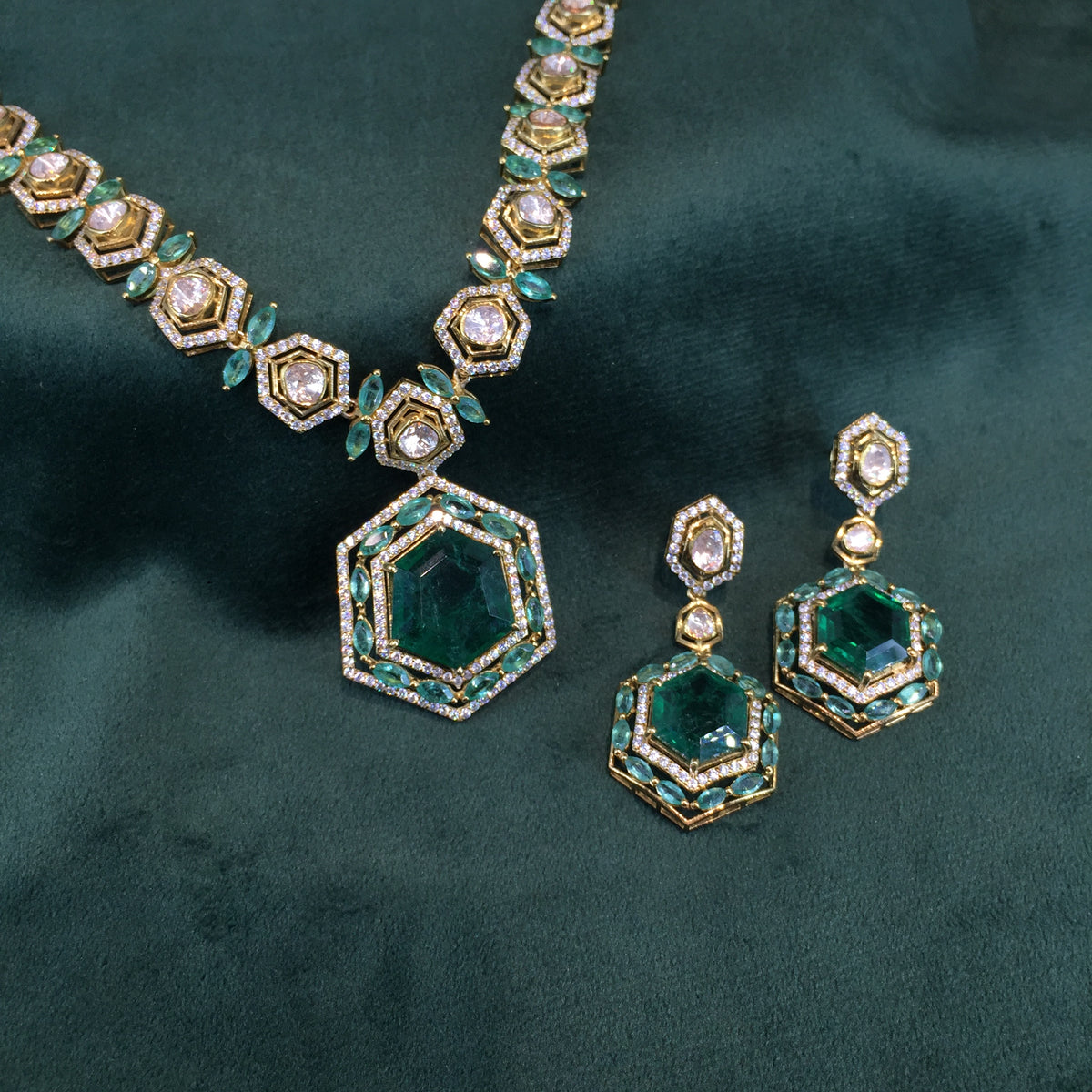 925 Silver Long Necklace Set With Lab Grown Emeralds - G. K. Ratnam