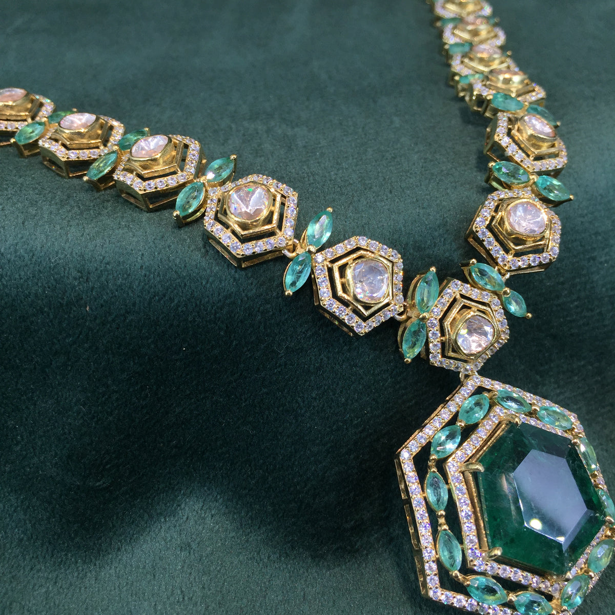 925 Silver Long Necklace Set With Lab Grown Emeralds - G. K. Ratnam