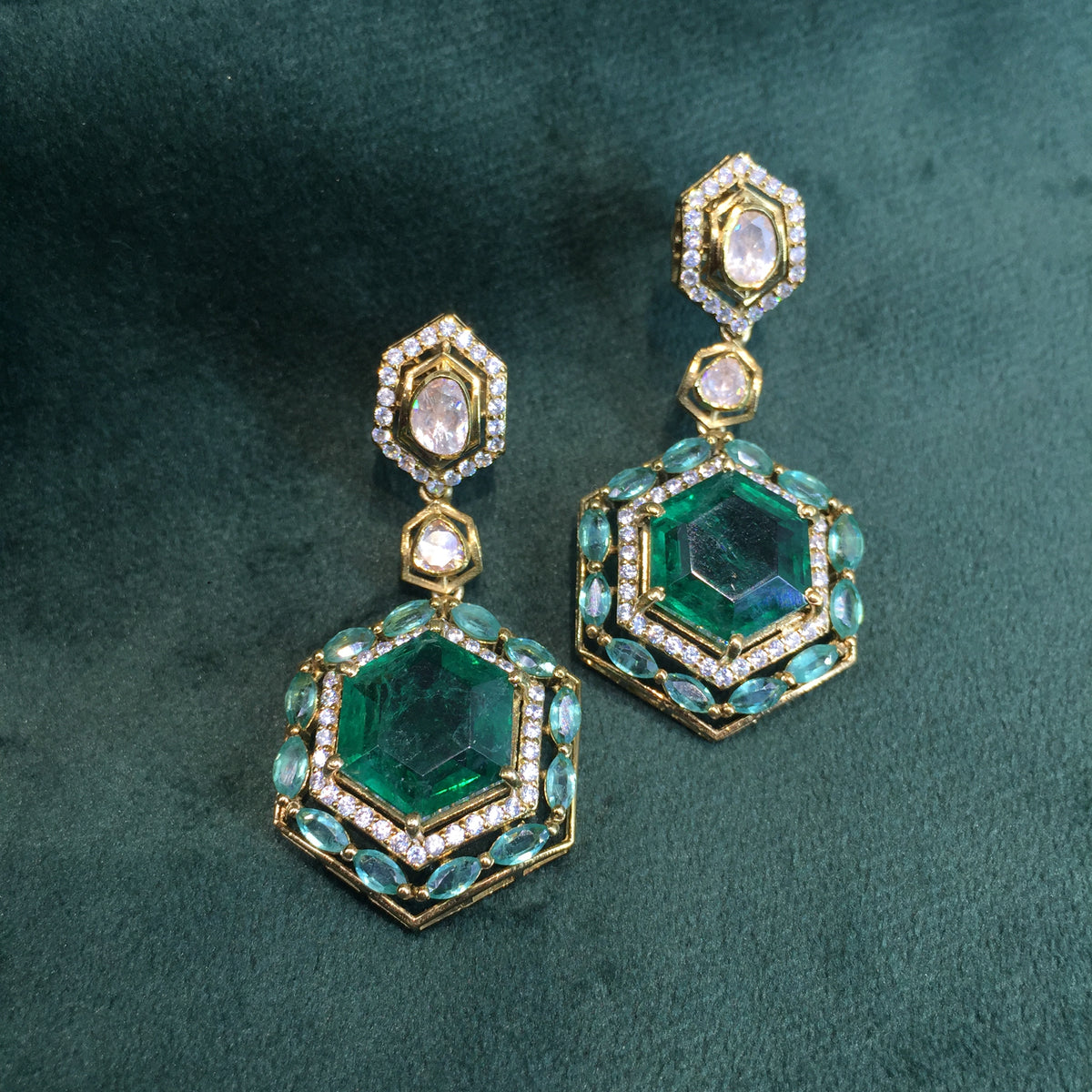 925 Silver Long Necklace Set With Lab Grown Emeralds - G. K. Ratnam