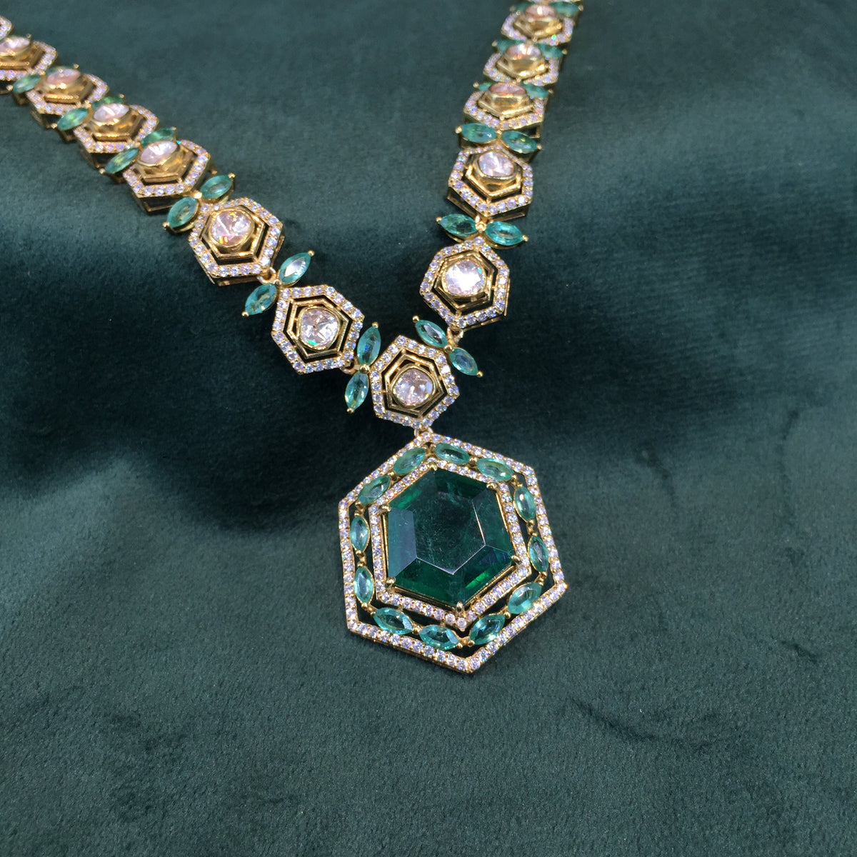 925 Silver Long Necklace Set With Lab Grown Emeralds - G. K. Ratnam