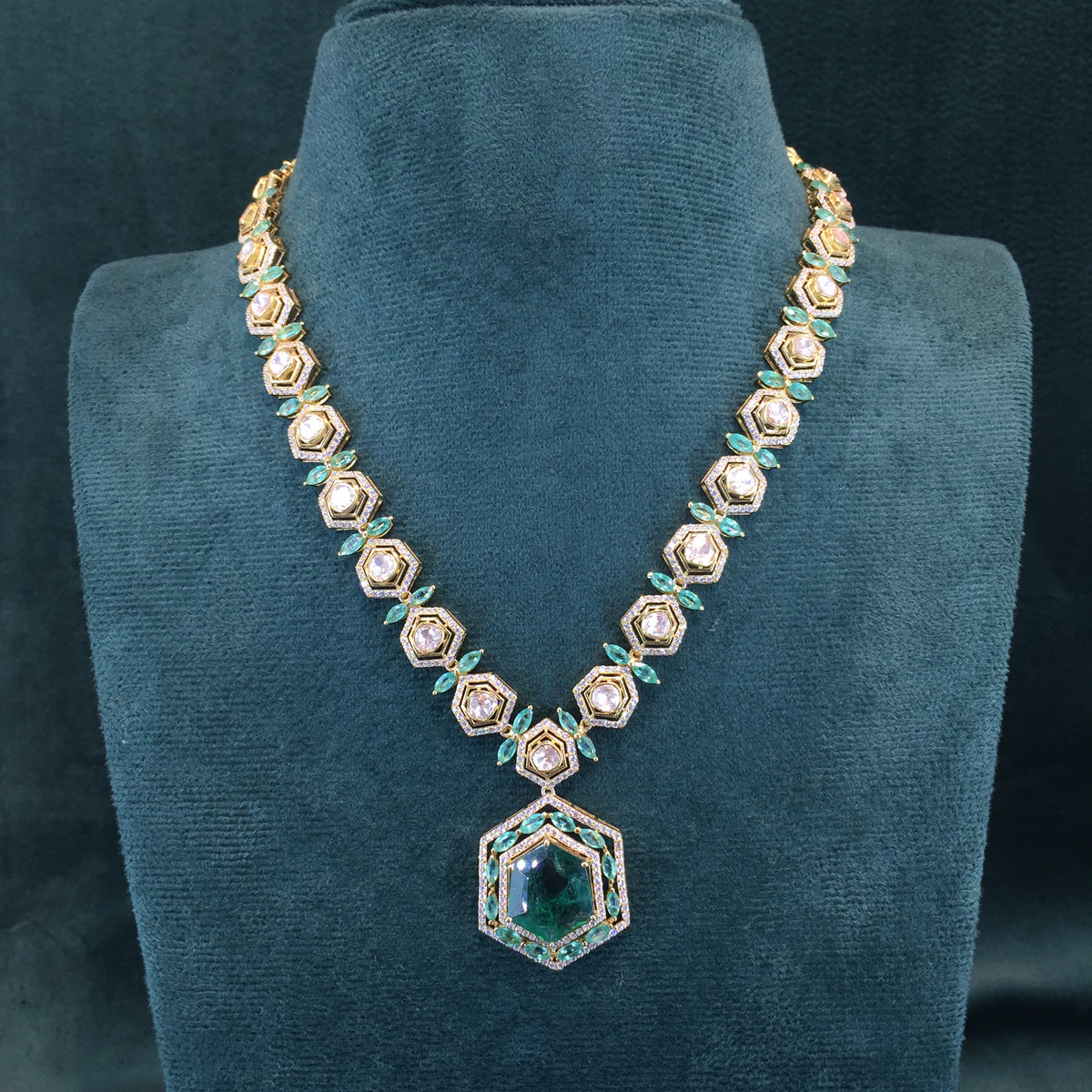 925 Silver Long Necklace Set With Lab Grown Emeralds - G. K. Ratnam