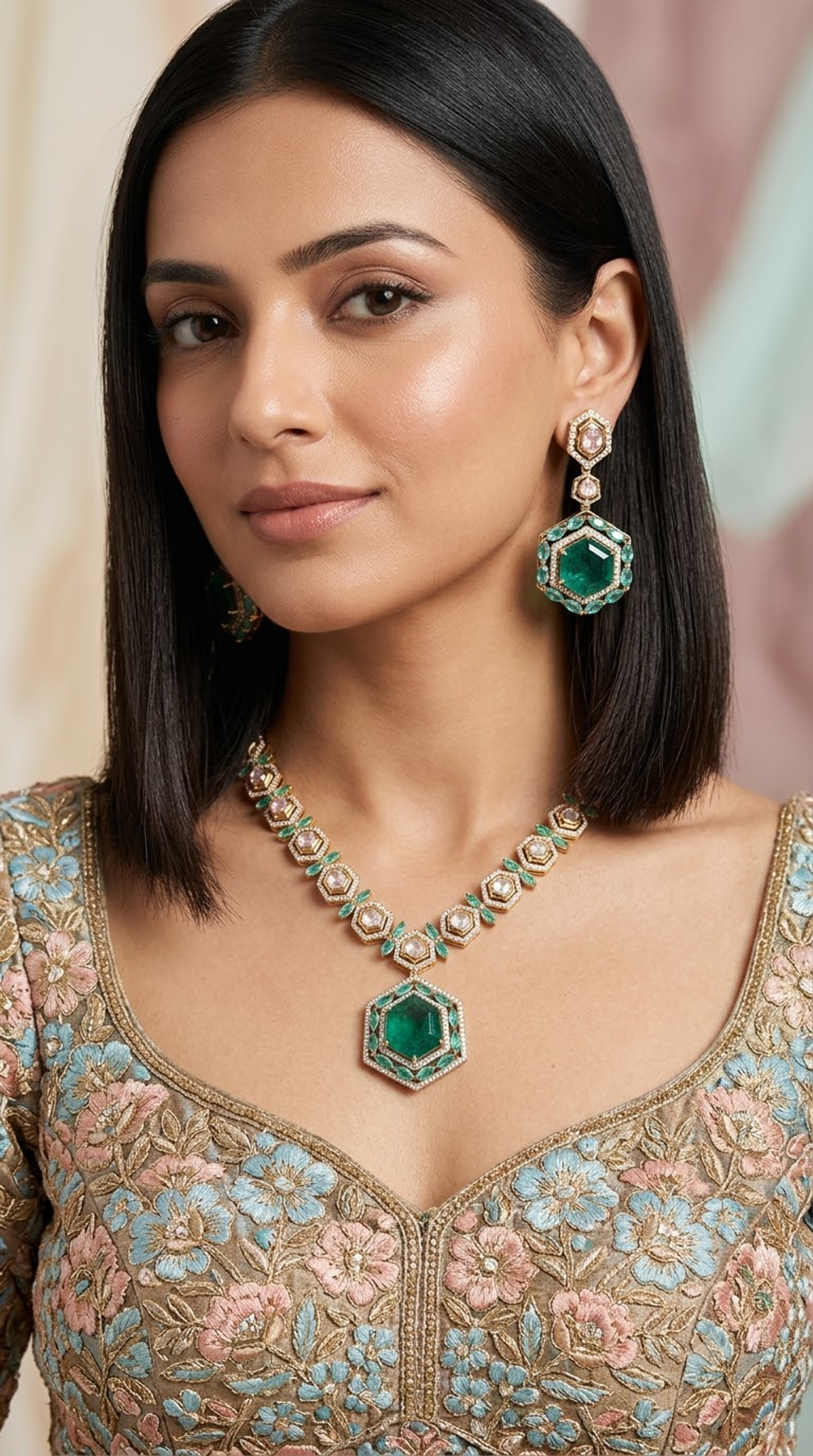 925 Silver Long Necklace Set With Lab Grown Emeralds - G. K. Ratnam